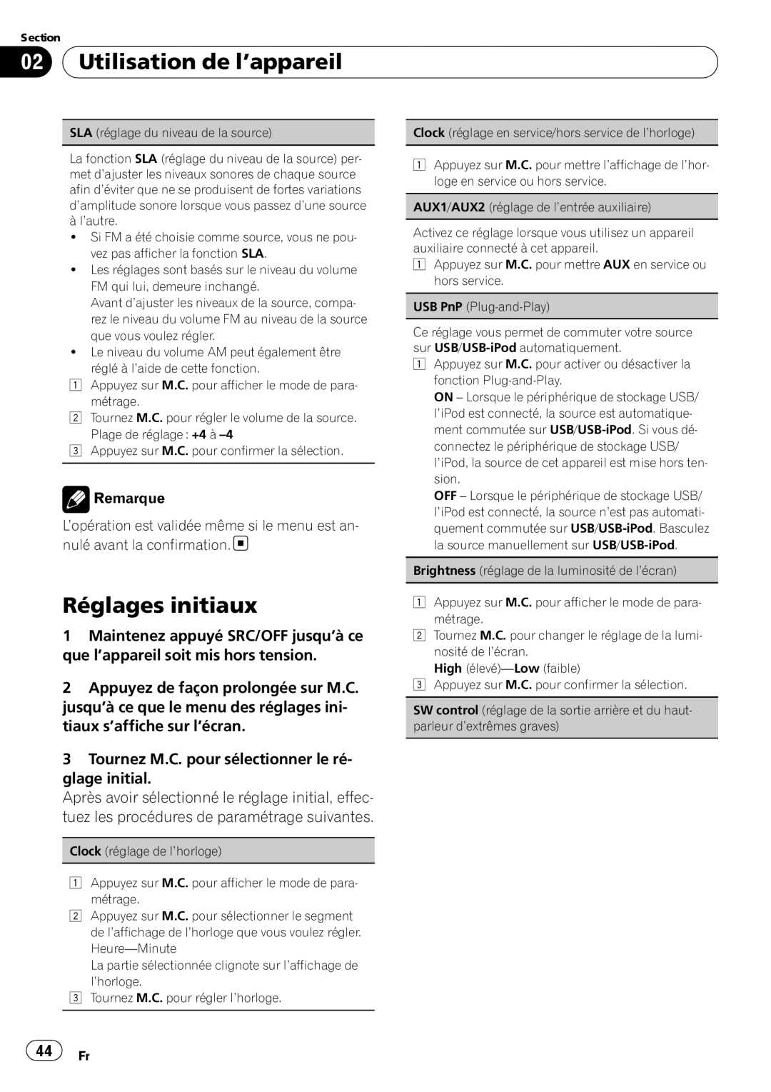 Pioneer DEH-P5200HD operation manual Réglages initiaux, Brightness réglage de la luminosité de l’écran 