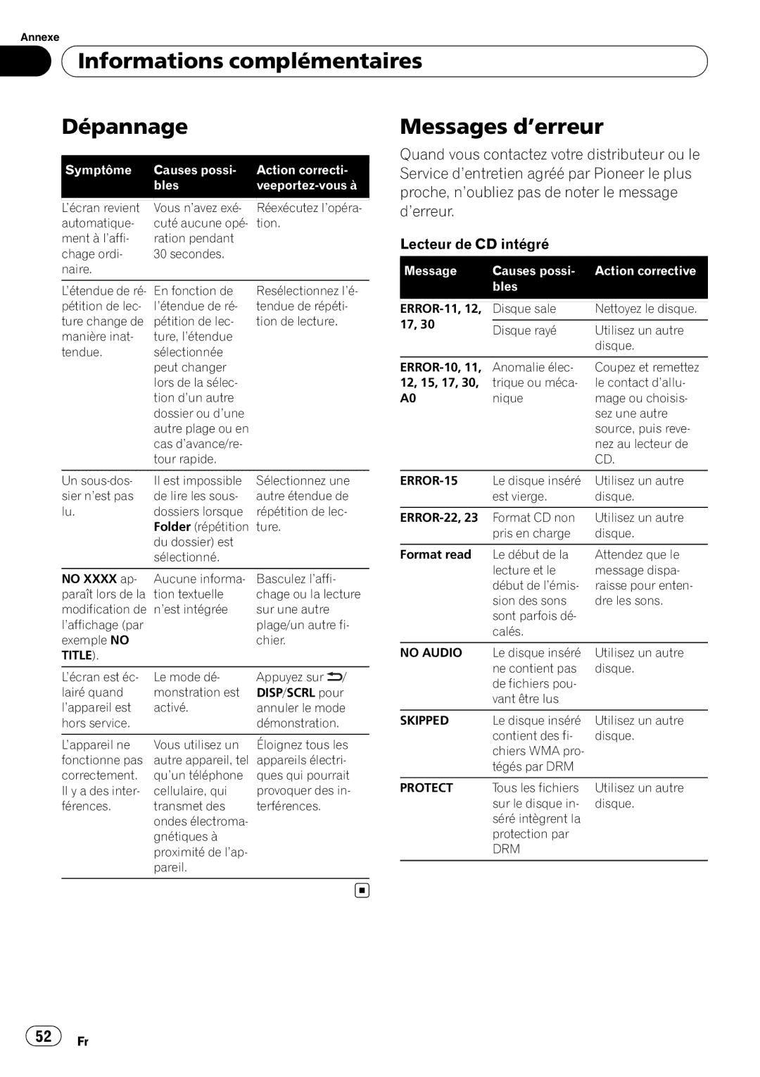 Pioneer DEH-P5200HD Informations complémentaires Dépannage, Messages d’erreur, Message Causes possi Action corrective Bles 