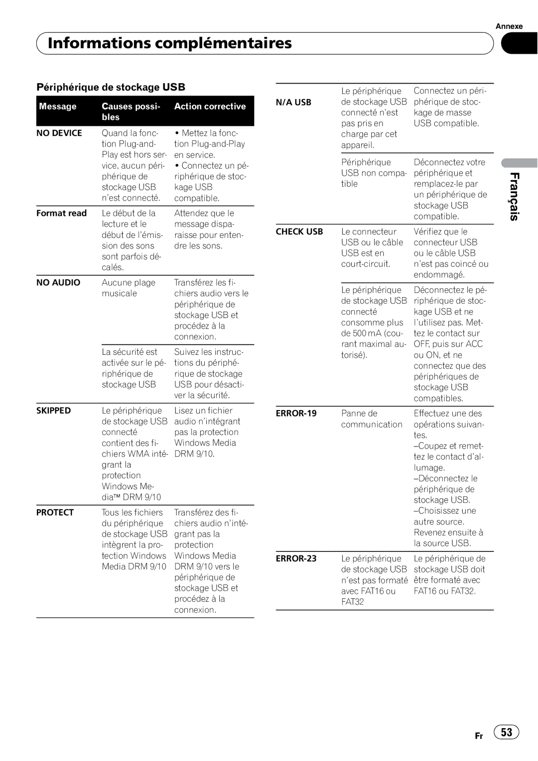 Pioneer DEH-P5200HD operation manual Informations complémentaires, Périphérique de stockage USB, FAT32 