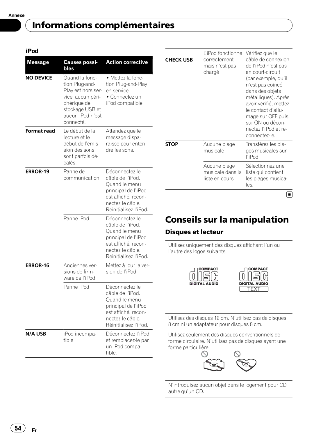 Pioneer DEH-P5200HD operation manual Conseils sur la manipulation, Disques et lecteur 