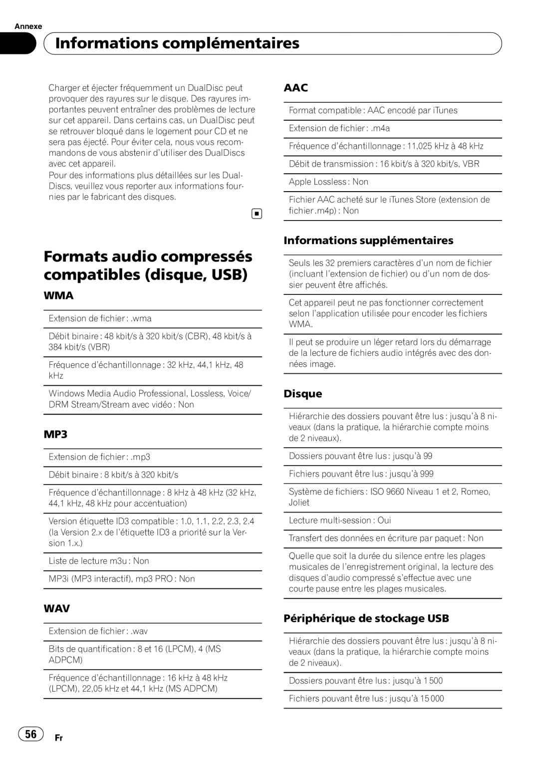 Pioneer DEH-P5200HD Formats audio compressés compatibles disque, USB, Informations supplémentaires, Disque, Adpcm, 56 Fr 