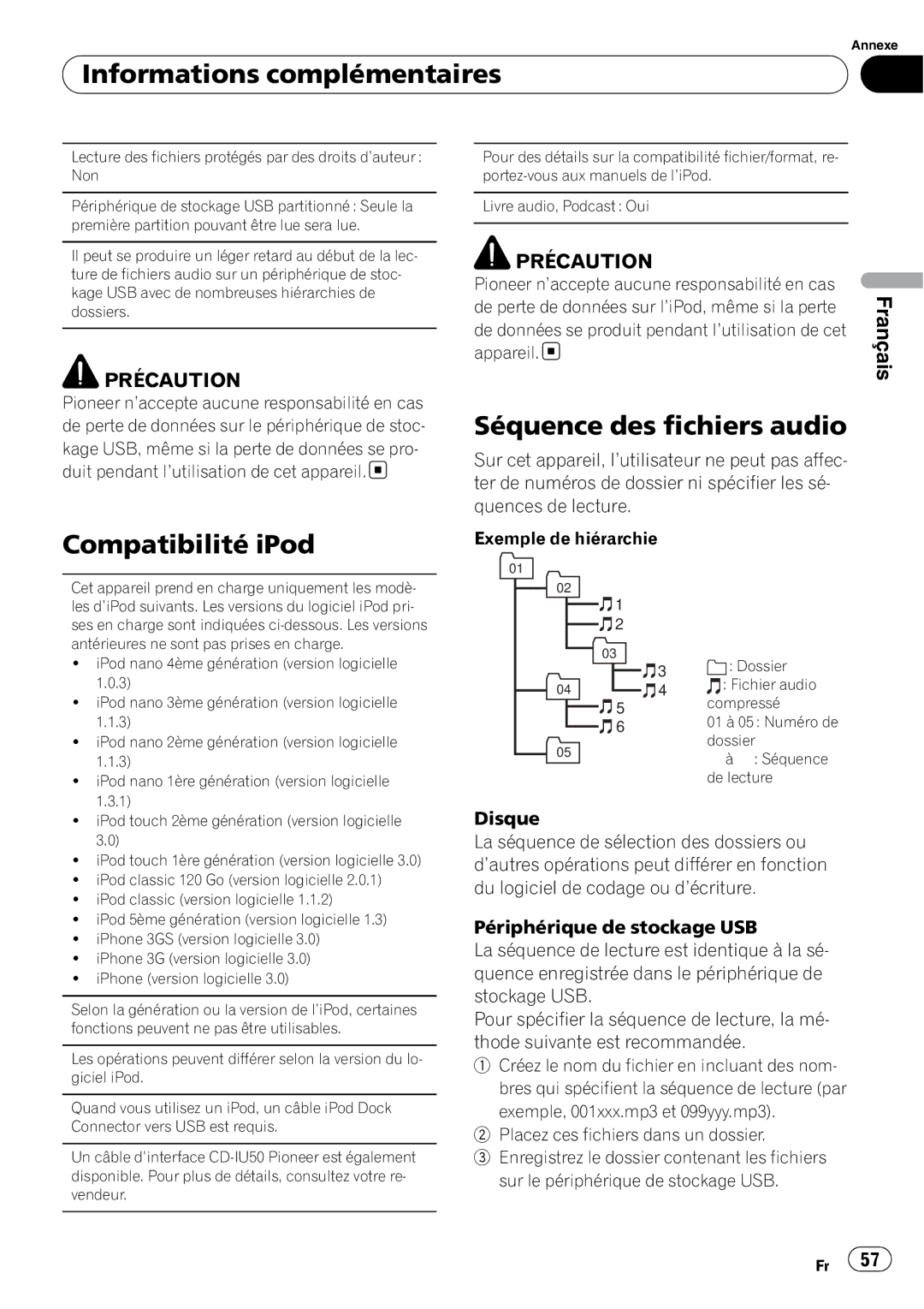 Pioneer DEH-P5200HD operation manual Séquence des fichiers audio, Compatibilité iPod 