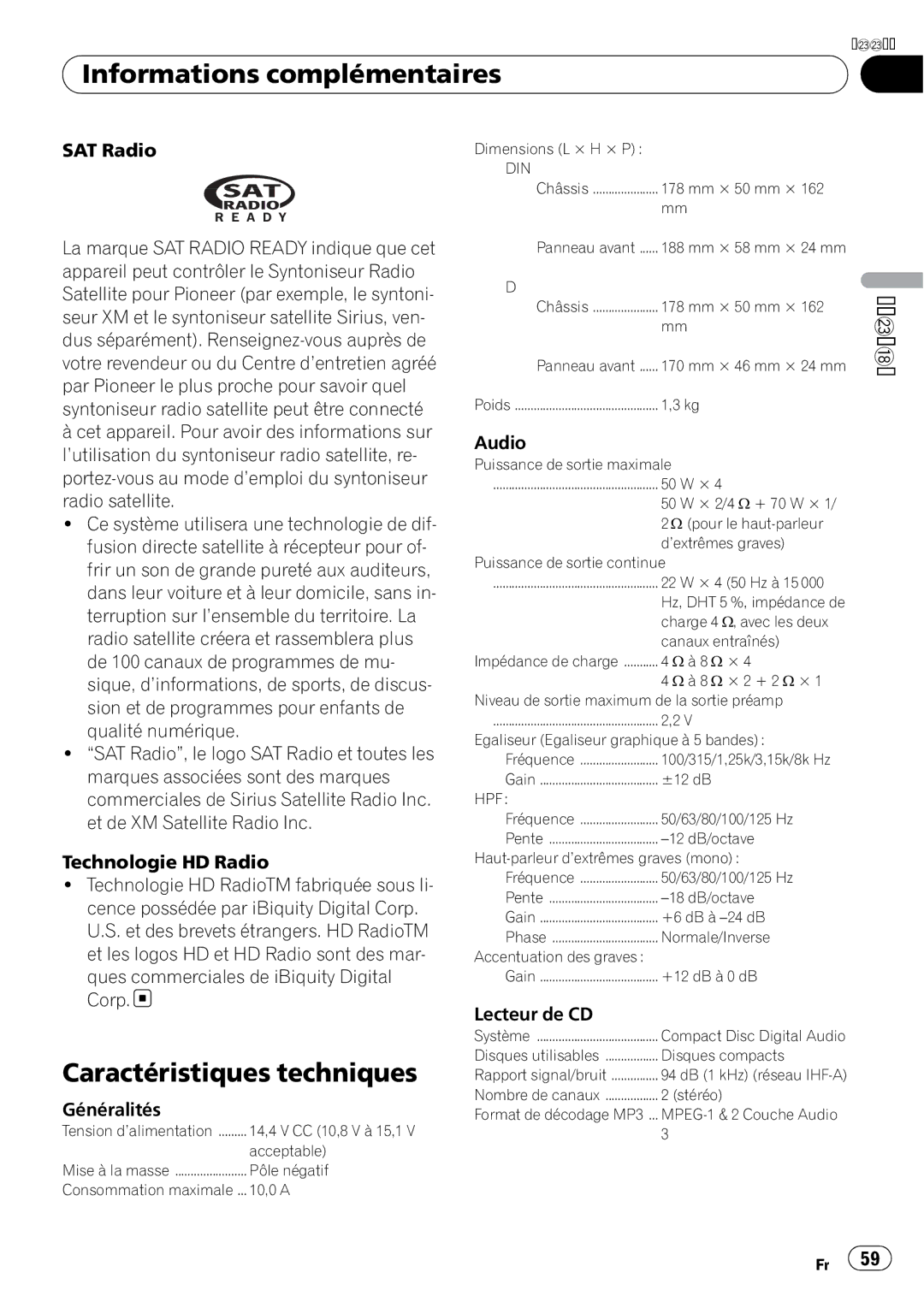 Pioneer DEH-P5200HD operation manual Caractéristiques techniques, Généralités, Lecteur de CD 