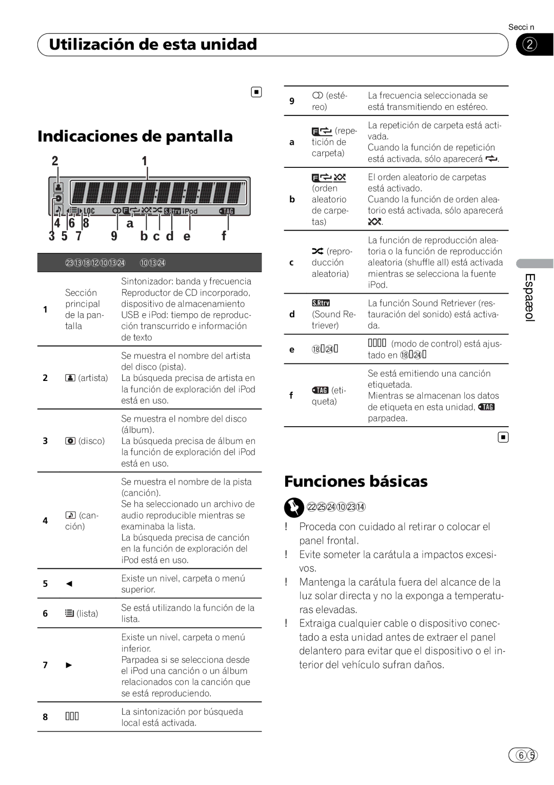 Pioneer DEH-P5200HD operation manual Utilización de esta unidad, Indicaciones de pantalla, Funciones básicas 