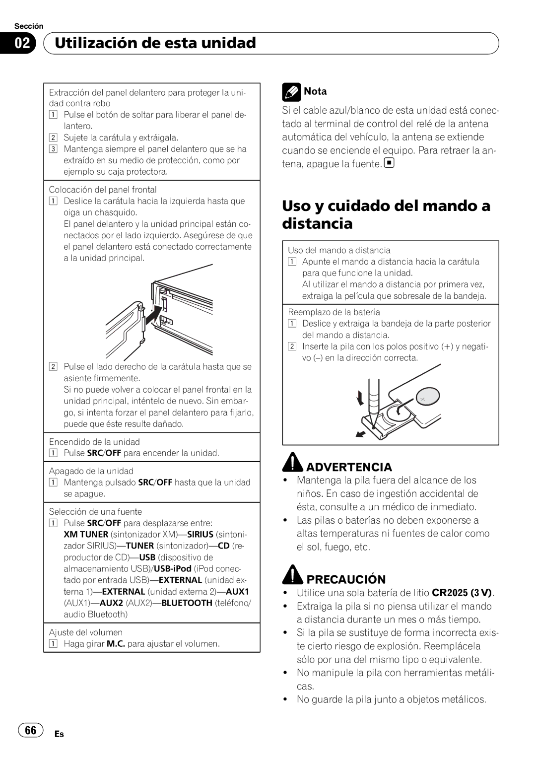 Pioneer DEH-P5200HD operation manual Uso y cuidado del mando a distancia, Utilice una sola batería de litio CR2025 3, 66 Es 