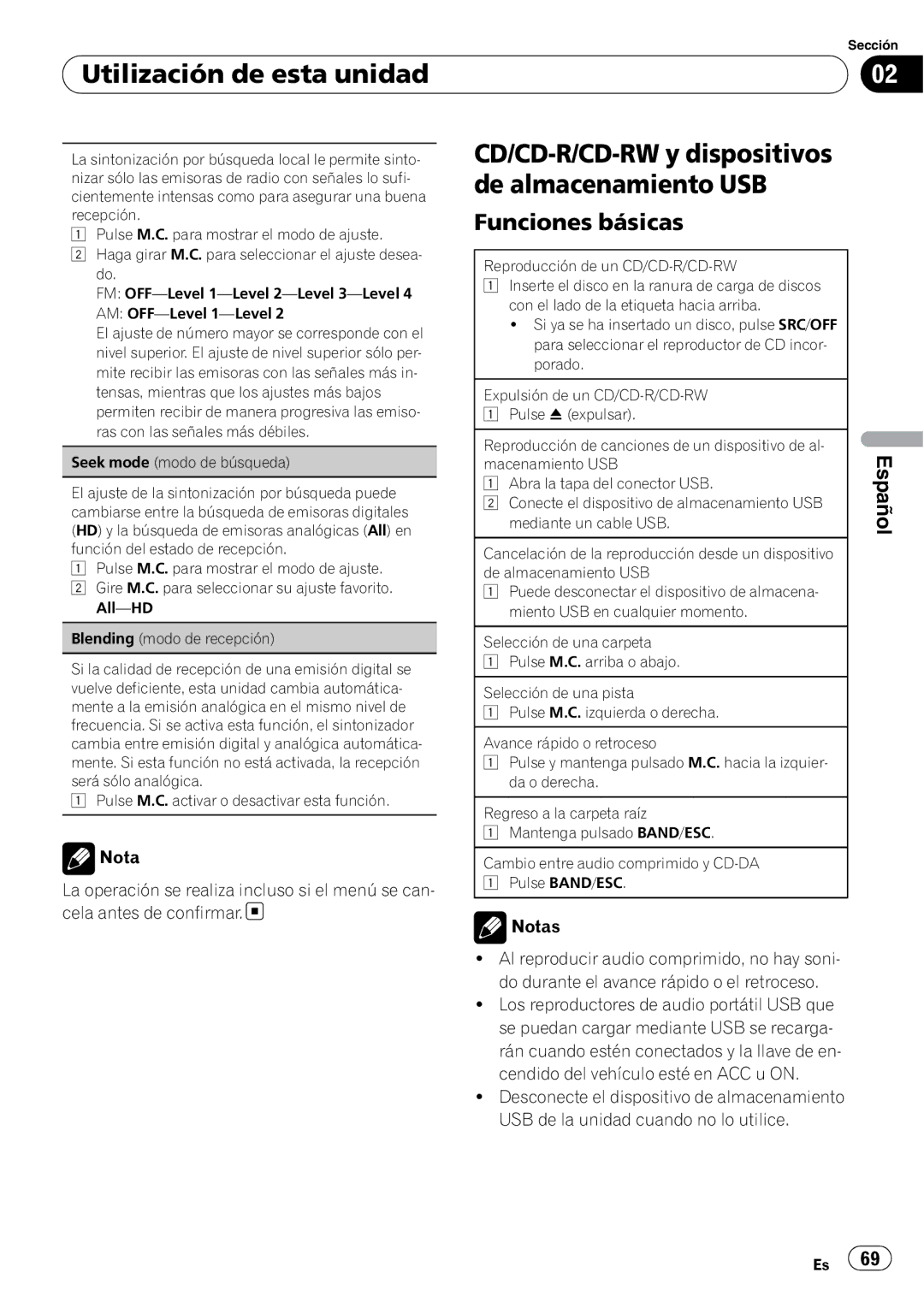 Pioneer DEH-P5200HD operation manual CD/CD-R/CD-RW y dispositivos de almacenamiento USB, Notas 