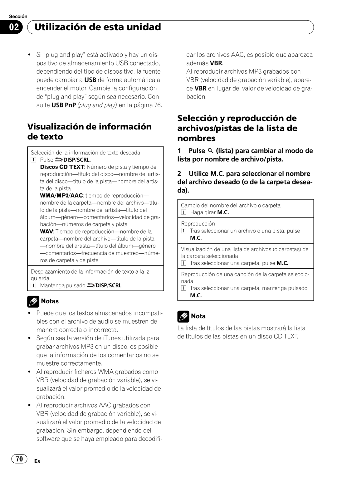 Pioneer DEH-P5200HD operation manual Visualización de información de texto, 70 Es 