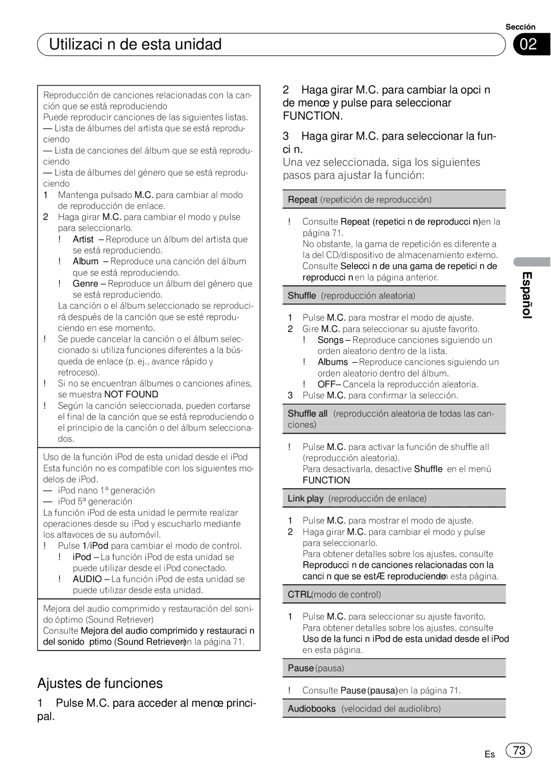 Pioneer DEH-P5200HD operation manual Pulse M.C. para acceder al menú princi, Pal, Consulte Pause pausa en la página 