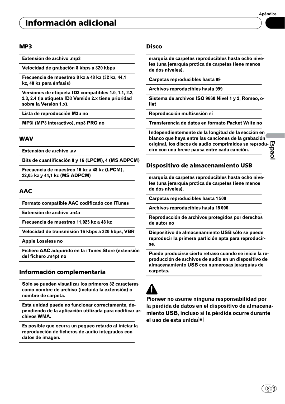 Pioneer DEH-P5200HD operation manual Información complementaria, Disco 