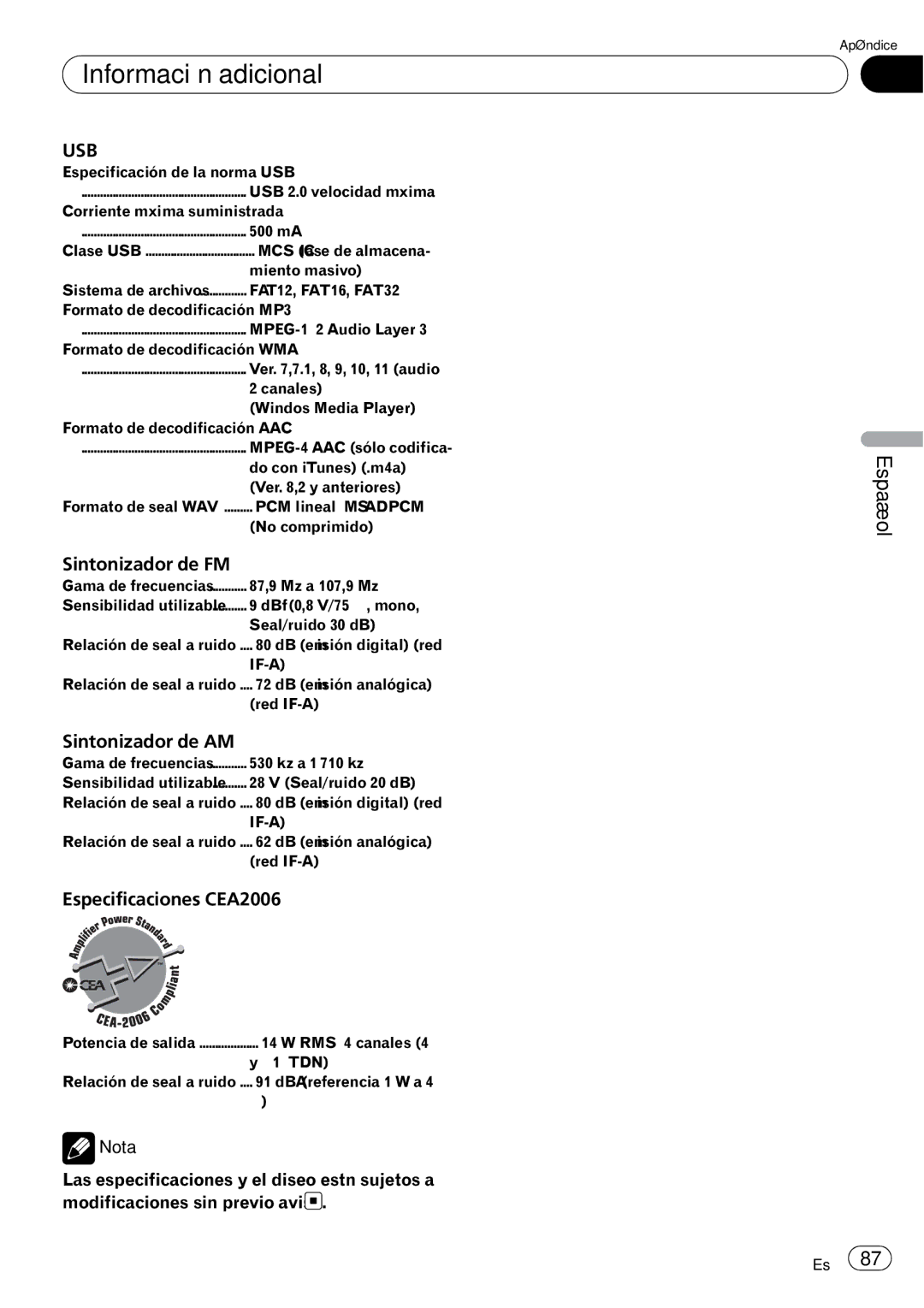 Pioneer DEH-P5200HD operation manual Sintonizador de FM, Sintonizador de AM, Especificaciones CEA2006, Ihf-A 