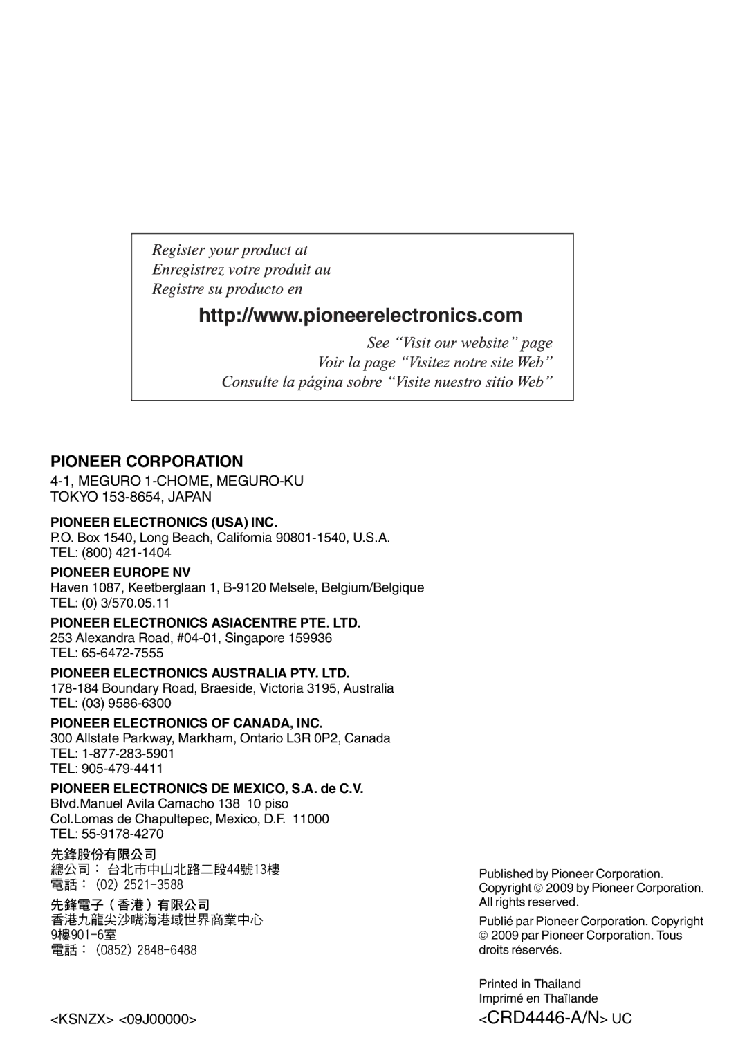 Pioneer DEH-P5200HD operation manual Pioneer Corporation, Ksnzx 09J00000 