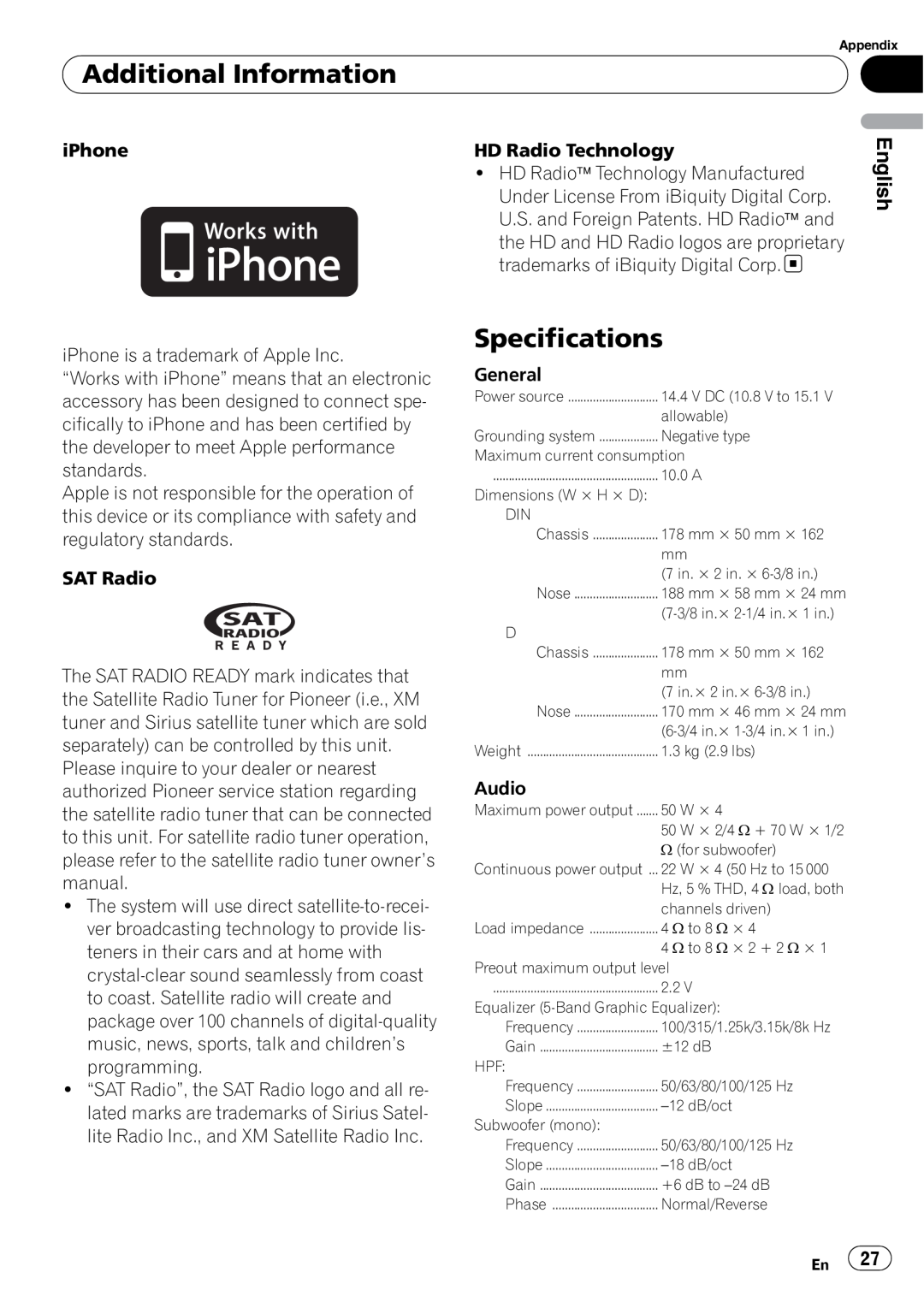 Pioneer DEH-P5200HD operation manual Specifications, Additional Information, English 
