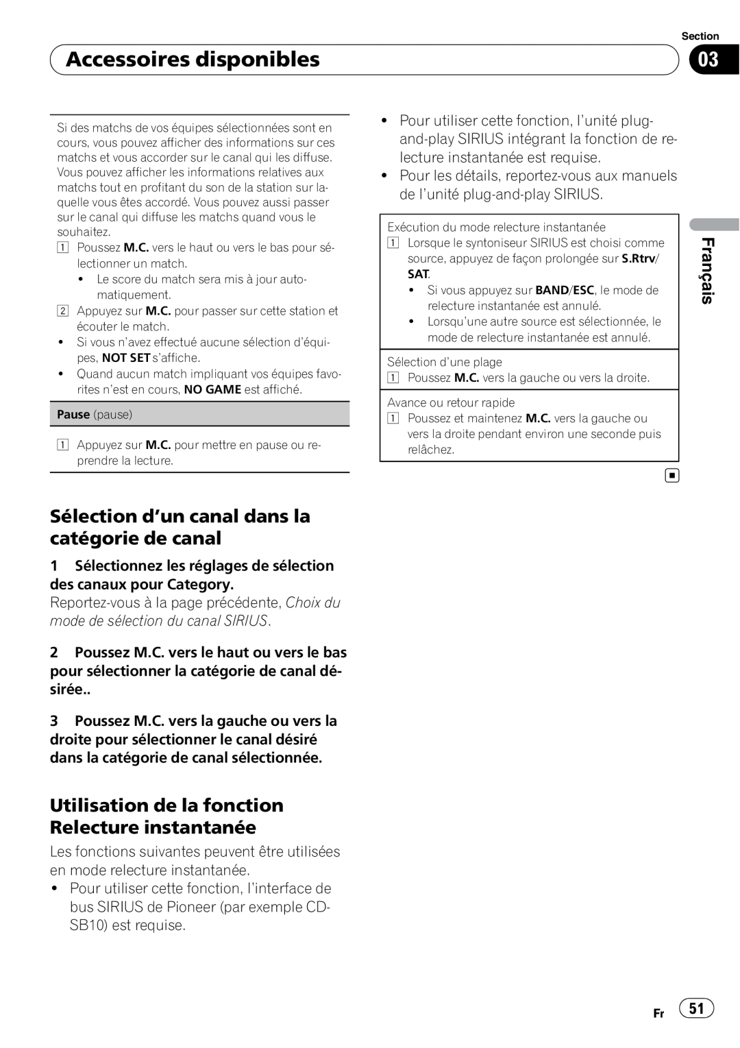 Pioneer DEH-P5200HD operation manual Utilisation de la fonction Relecture instantanée, Accessoires disponibles, Français 