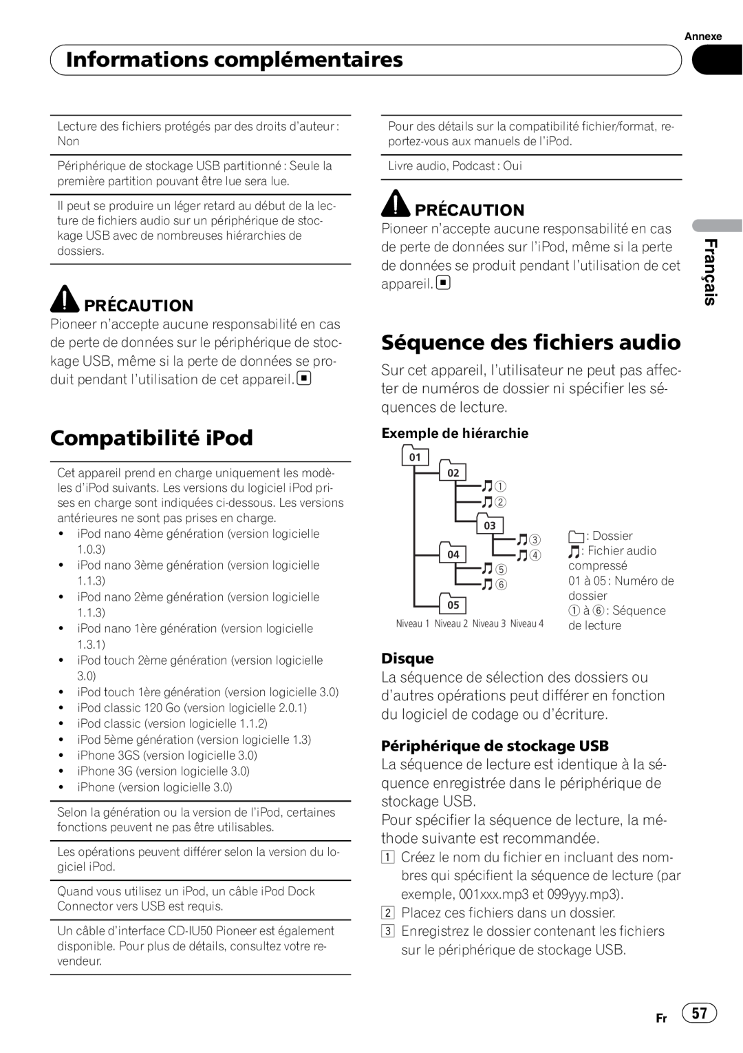 Pioneer DEH-P5200HD Séquence des fichiers audio, Compatibilité iPod, Informations complémentaires, Précaution 