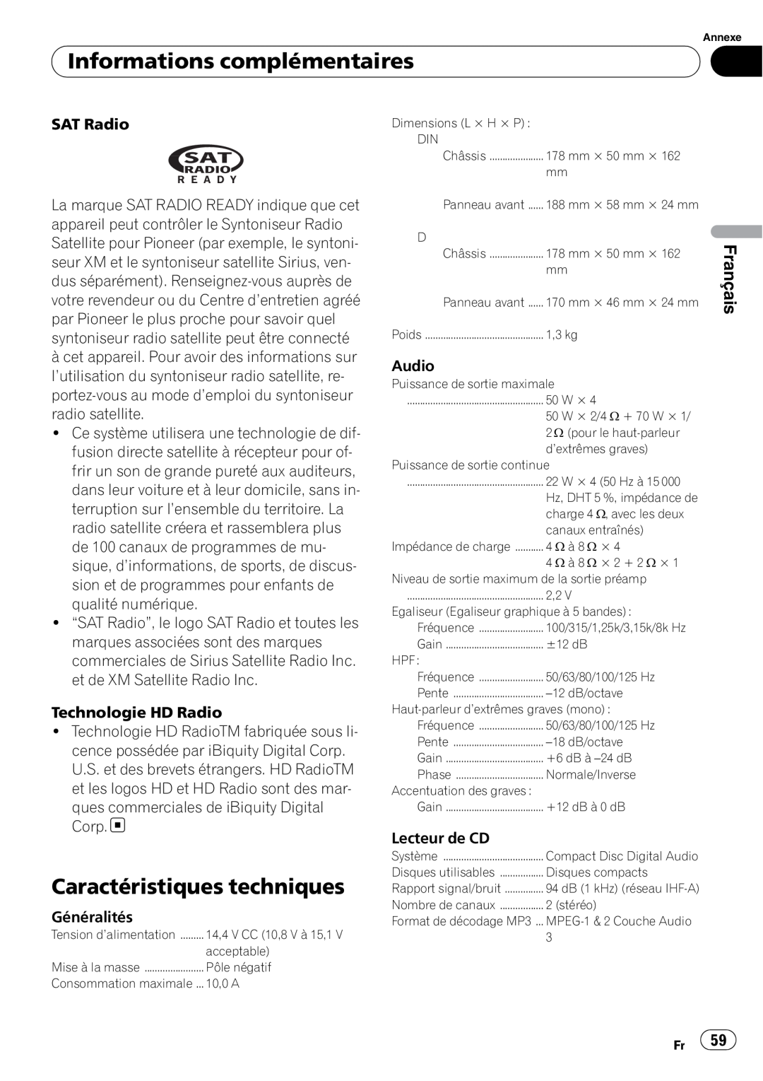 Pioneer DEH-P5200HD operation manual Caractéristiques techniques, Informations complémentaires 