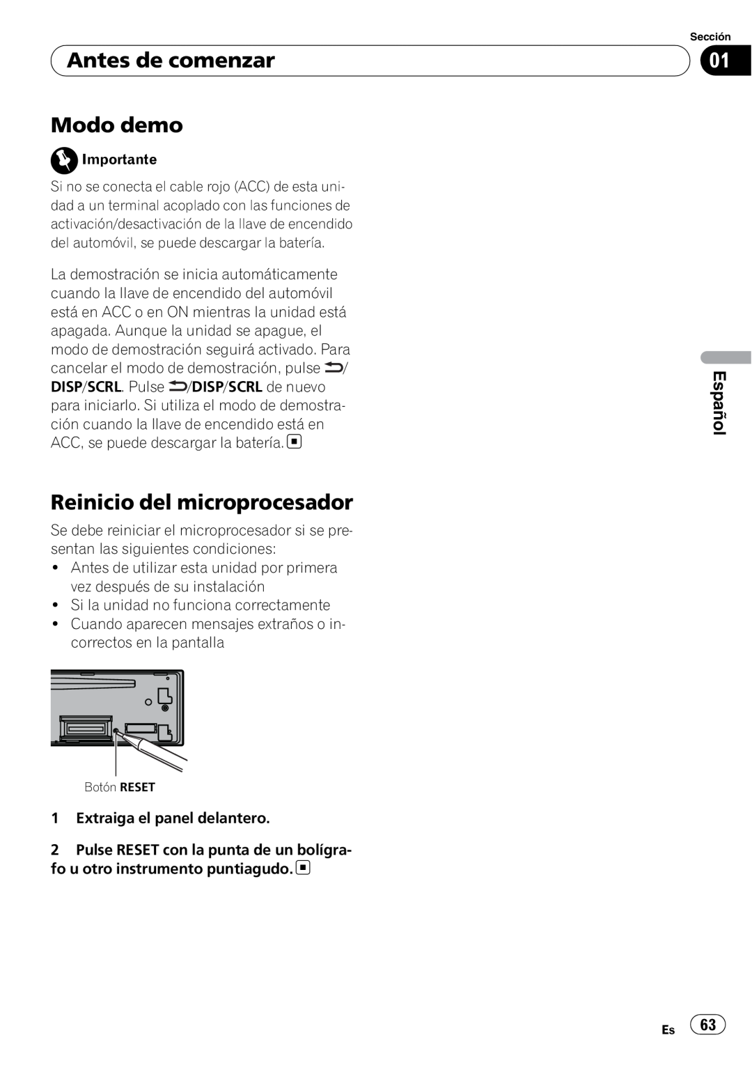 Pioneer DEH-P5200HD operation manual Antes de comenzar Modo demo, Reinicio del microprocesador, Español 