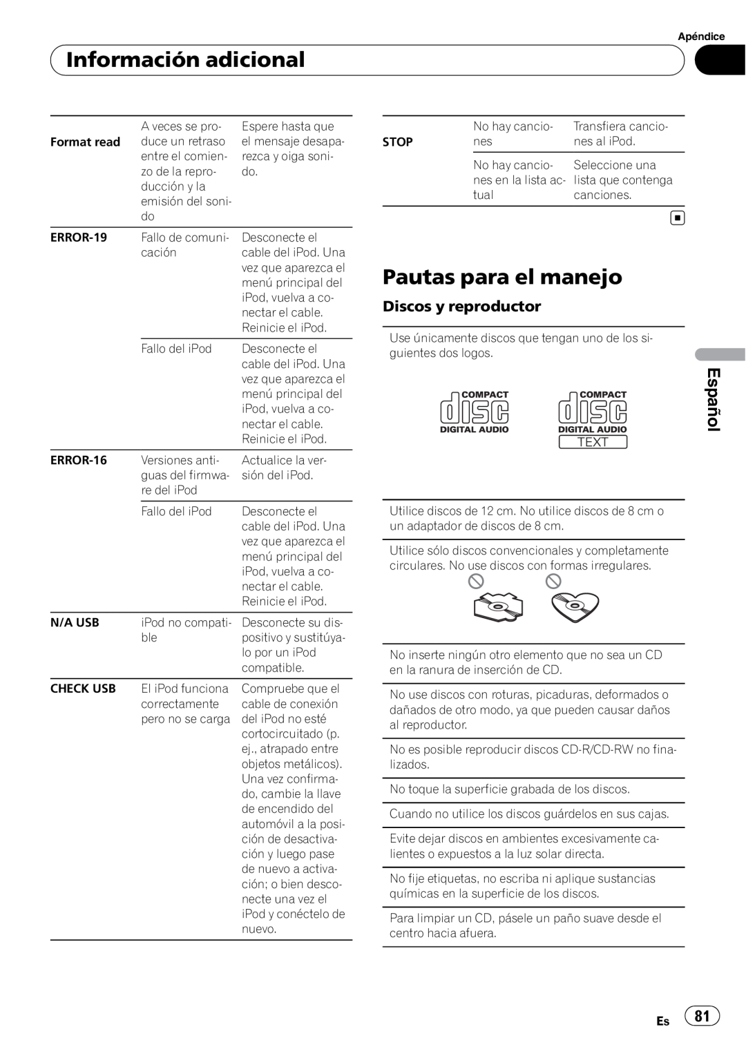 Pioneer DEH-P5200HD operation manual Pautas para el manejo, Información adicional, Español, Discos y reproductor 