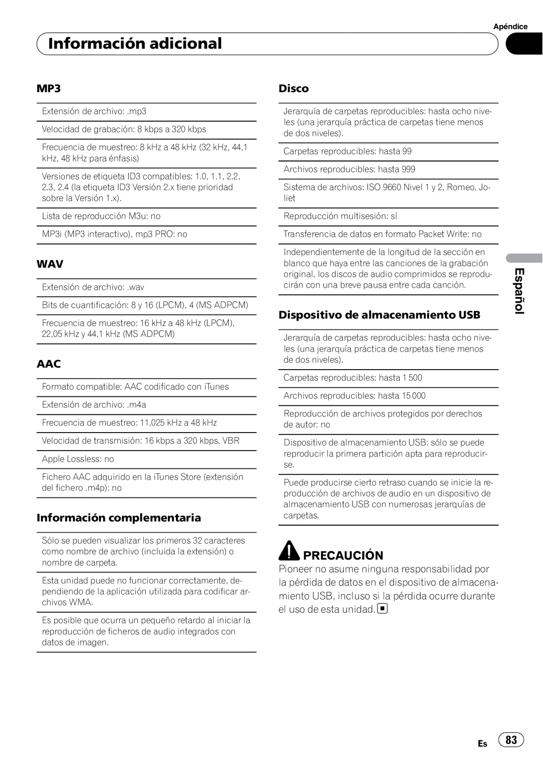 Pioneer DEH-P5200HD operation manual Información adicional, Español, Precaución, Información complementaria, Disco 