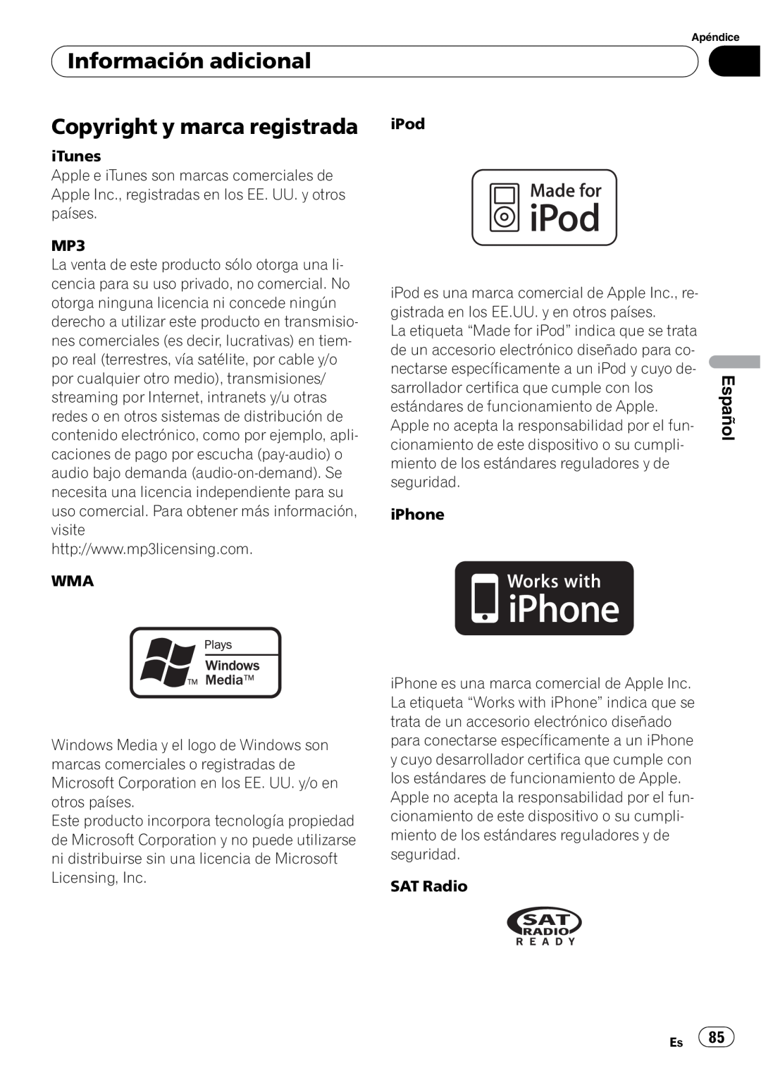 Pioneer DEH-P5200HD operation manual Copyright y marca registrada iPod, Información adicional 