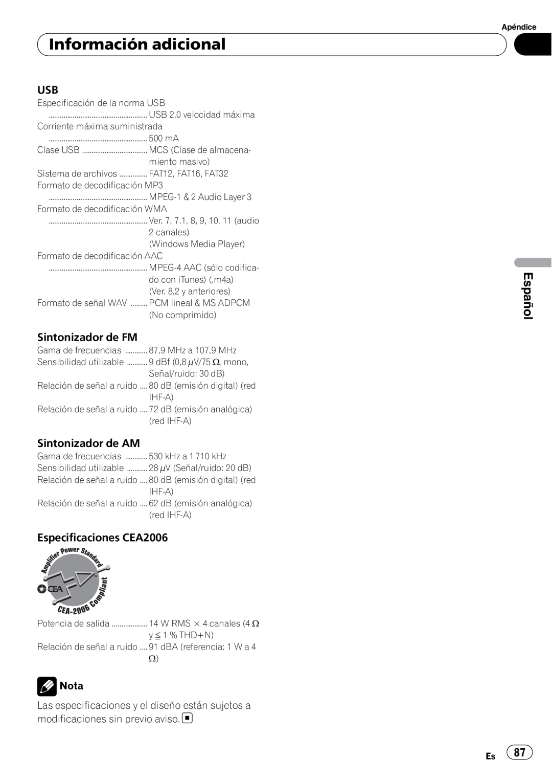 Pioneer DEH-P5200HD Información adicional, Español, Sintonizador de FM, Sintonizador de AM, Especificaciones CEA2006, Nota 