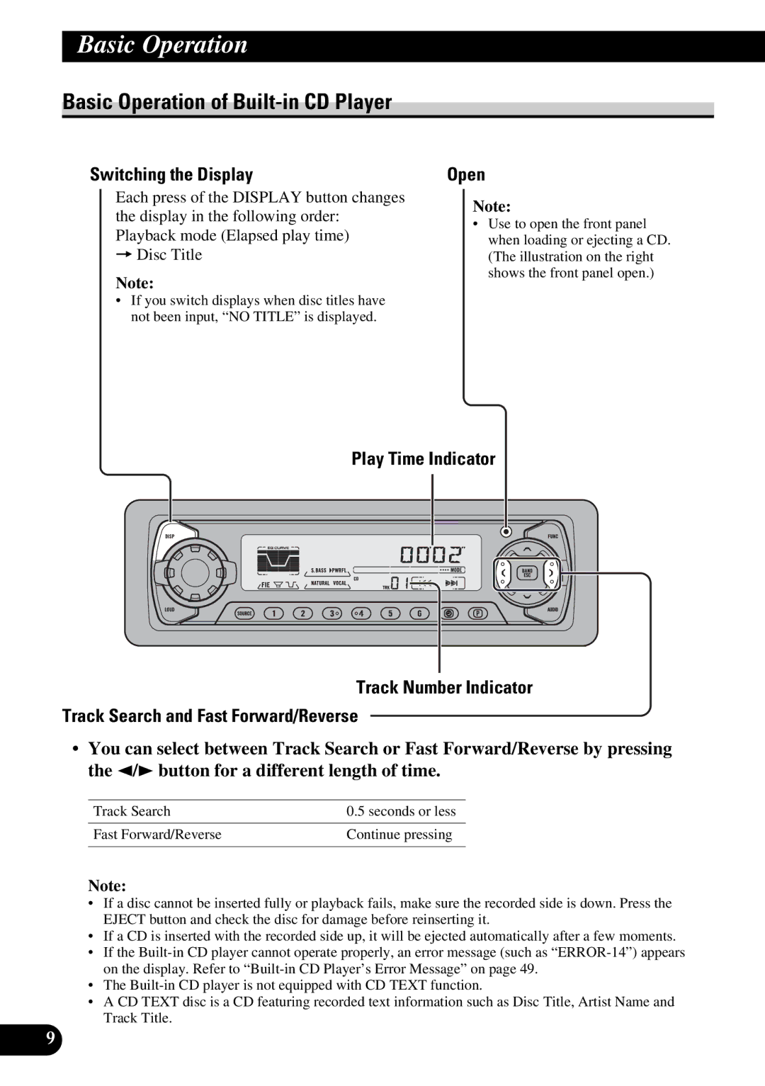 Pioneer DEH-P5250 operation manual Basic Operation of Built-in CD Player, Switching the Display, Open 