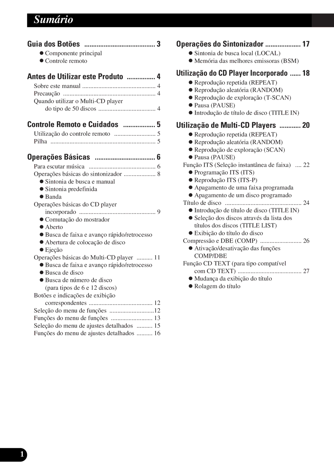 Pioneer DEH-P5250 operation manual Sumário, Guia dos Botões 