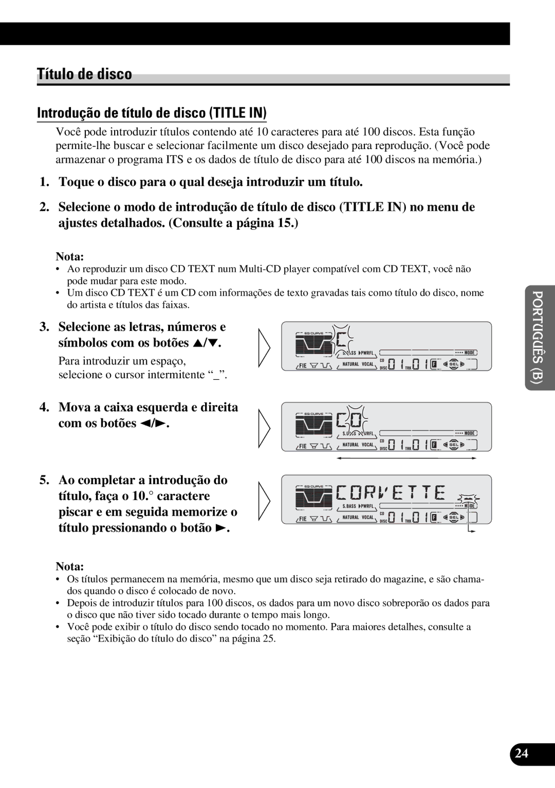 Pioneer DEH-P5250 operation manual Título de disco, Selecione as letras, números e símbolos com os botões 