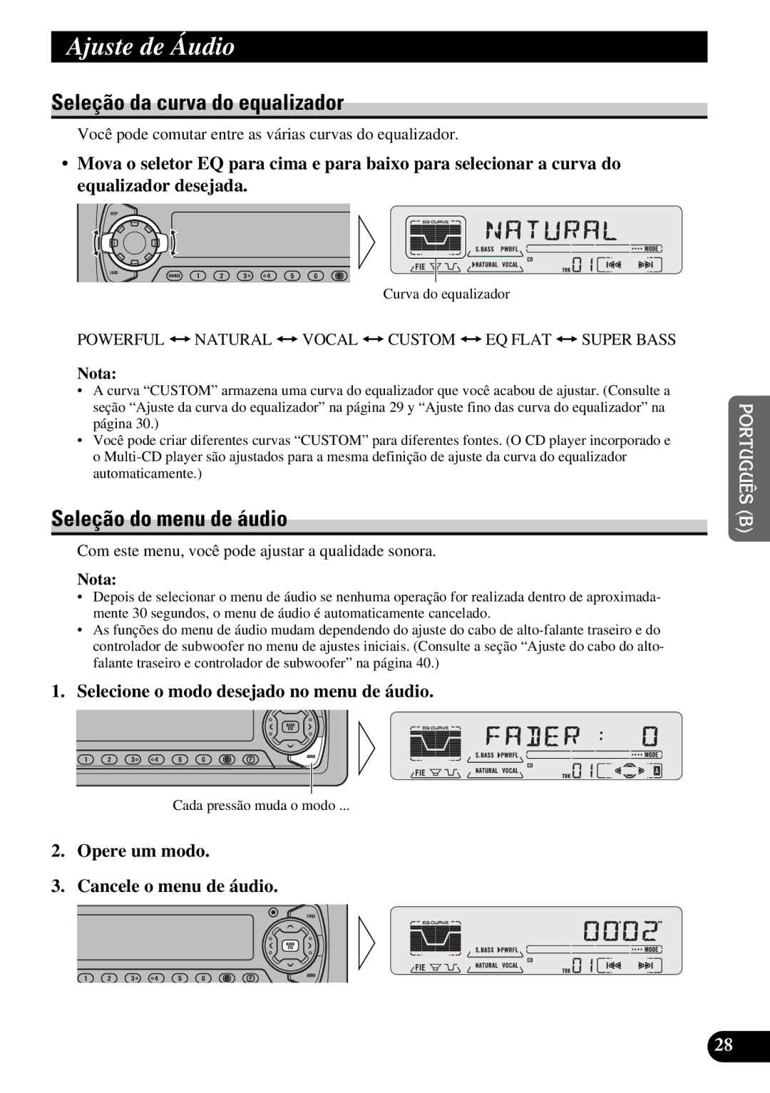 Pioneer DEH-P5250 operation manual Ajuste de Áudio, Seleção da curva do equalizador, Seleção do menu de áudio 