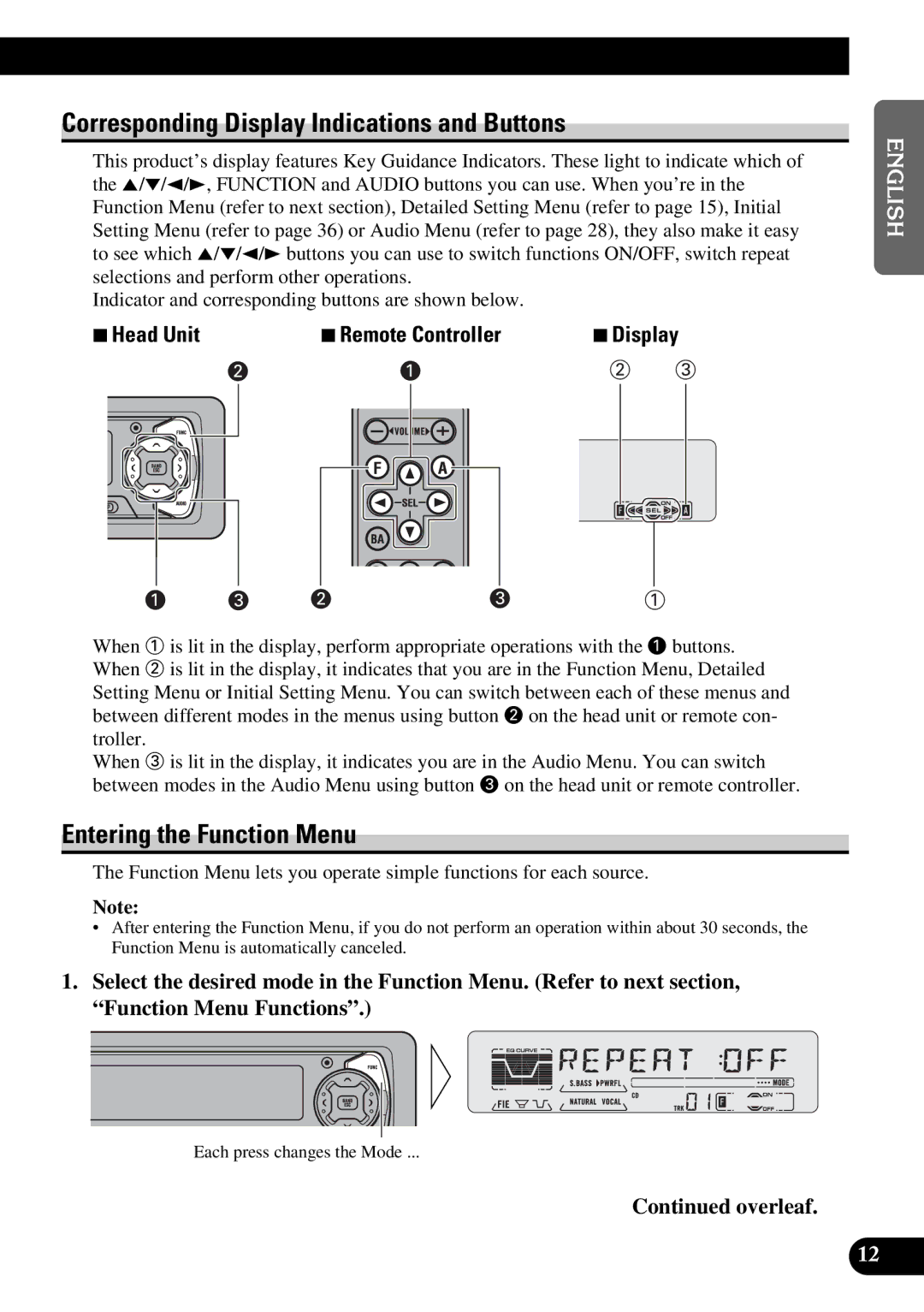 Pioneer DEH-P5250 operation manual Corresponding Display Indications and Buttons, Entering the Function Menu 