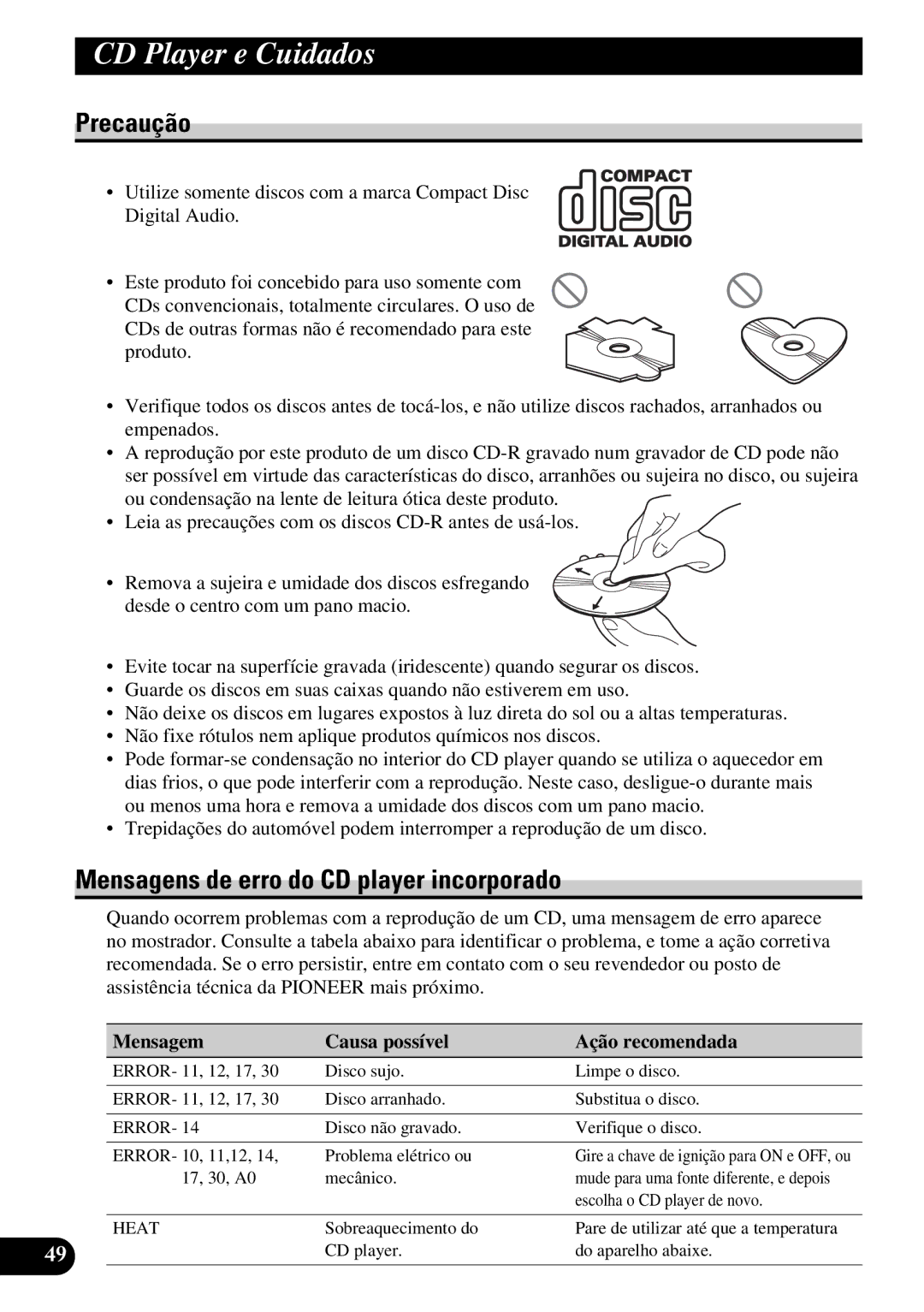 Pioneer DEH-P5250 operation manual CD Player e Cuidados, Mensagens de erro do CD player incorporado 