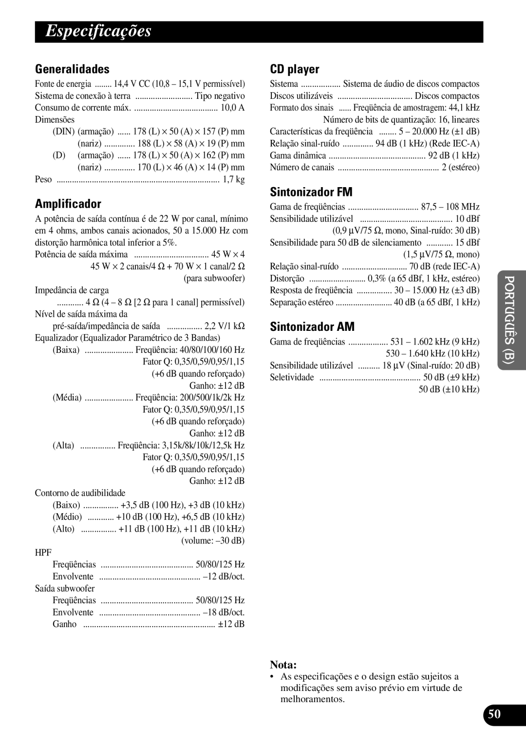 Pioneer DEH-P5250 operation manual Especificações, Dimensões 