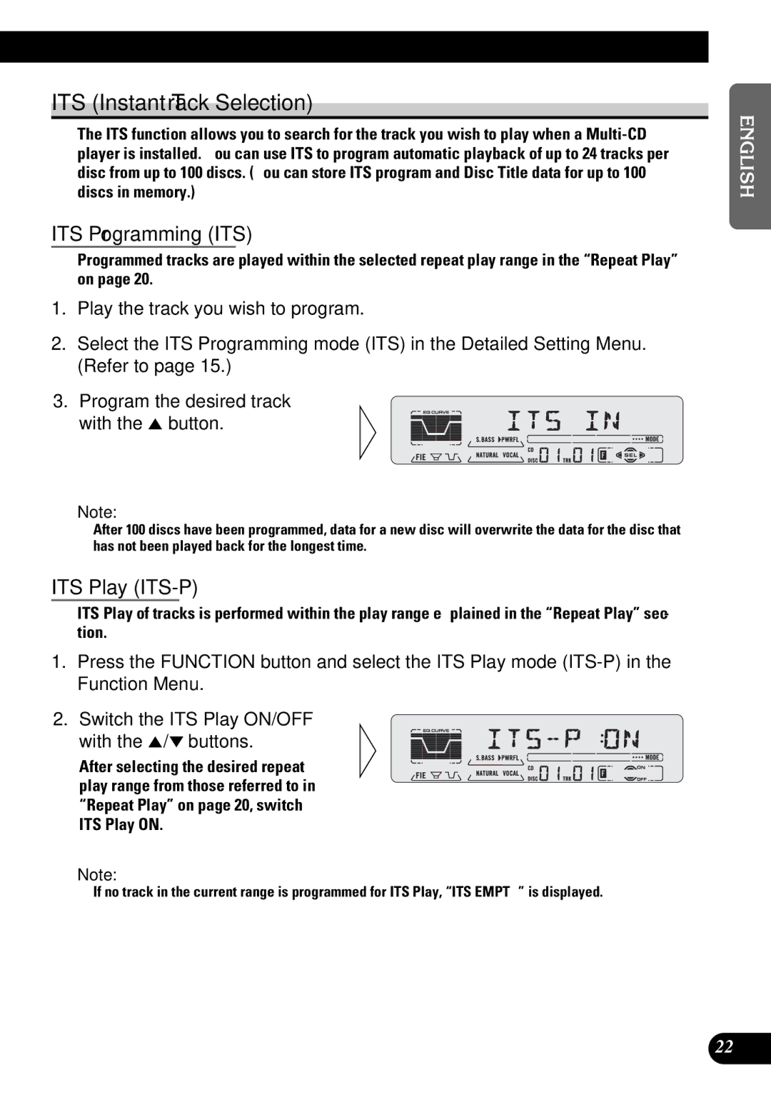 Pioneer DEH-P5250 operation manual ITS Instant Track Selection, ITS Programming ITS, ITS Play ITS-P 