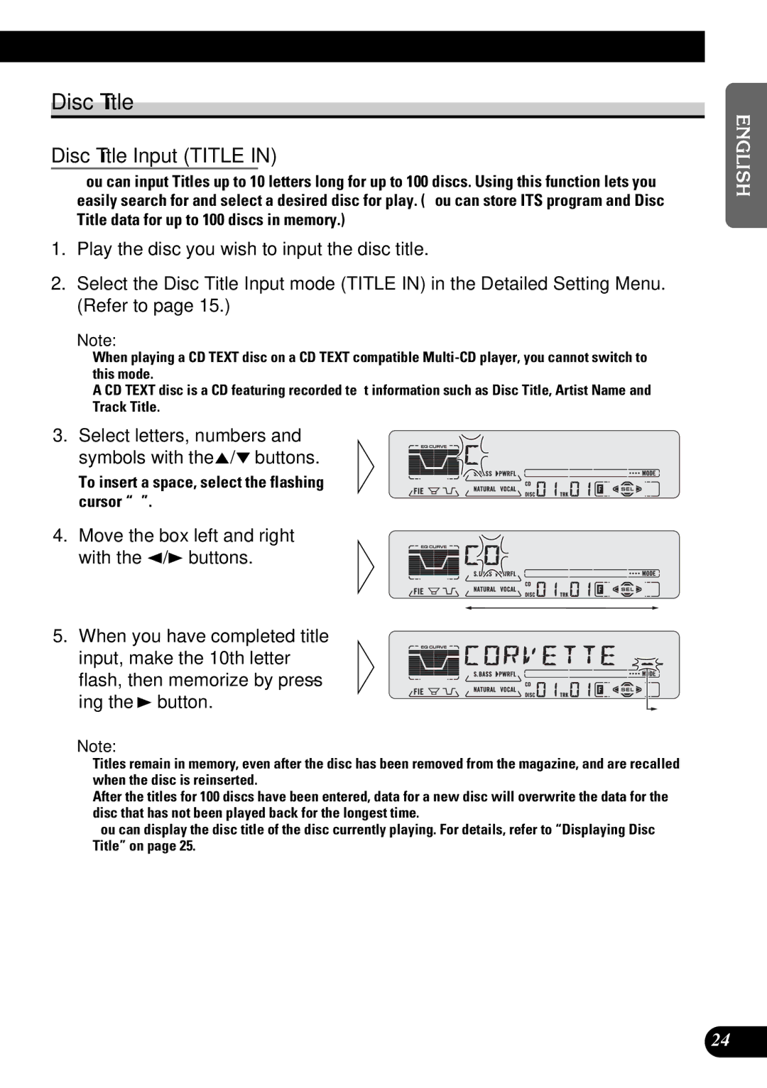 Pioneer DEH-P5250 operation manual Disc Title, Select letters, numbers and symbols with the 5/ buttons 