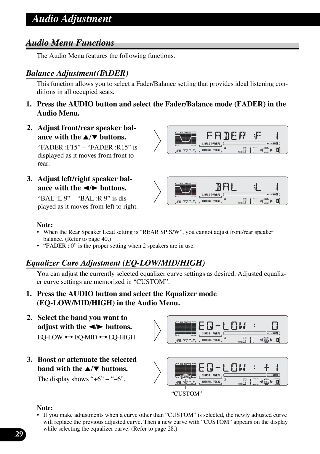 Pioneer DEH-P5250 Audio Menu Functions, Balance Adjustment Fader, Equalizer Curve Adjustment EQ-LOW/MID/HIGH 