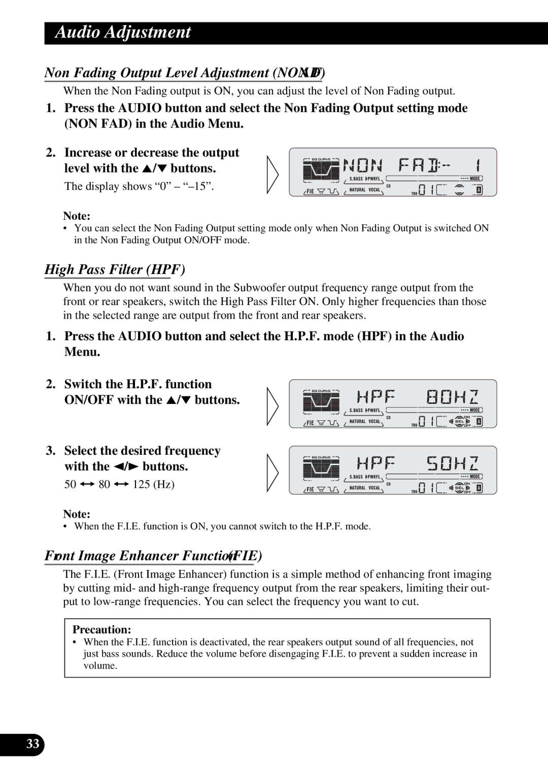 Pioneer DEH-P5250 Non Fading Output Level Adjustment NON FAD, High Pass Filter HPF, Front Image Enhancer Function FIE 