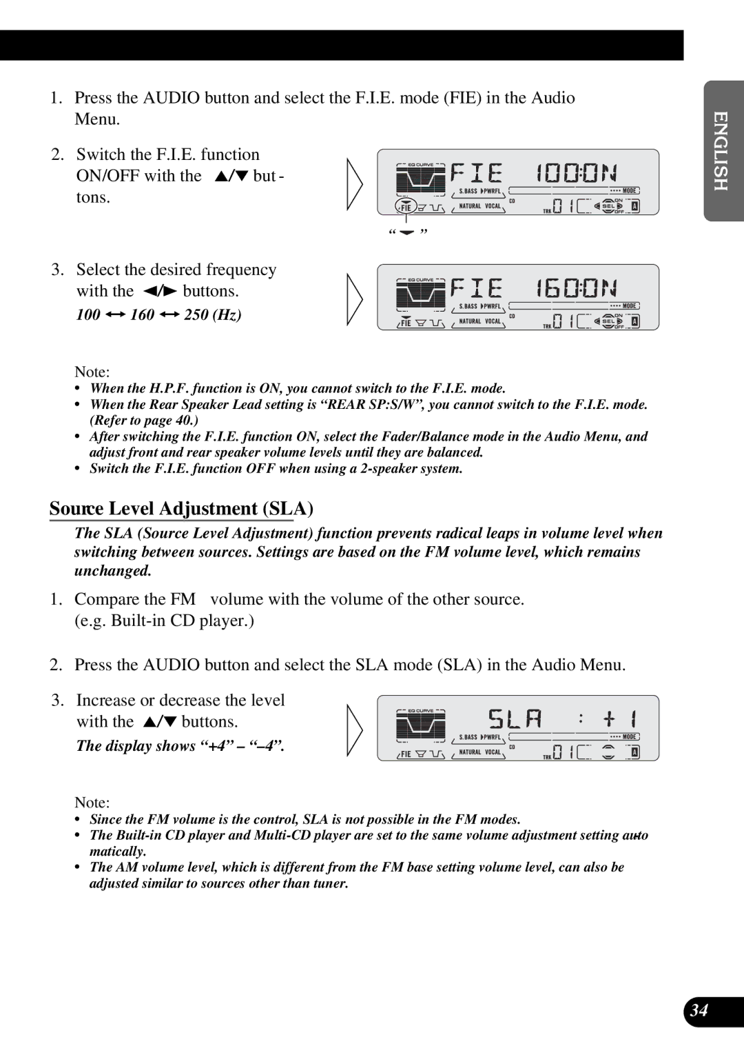 Pioneer DEH-P5250 operation manual Source Level Adjustment SLA, 100 ï 160 ï 250 Hz 