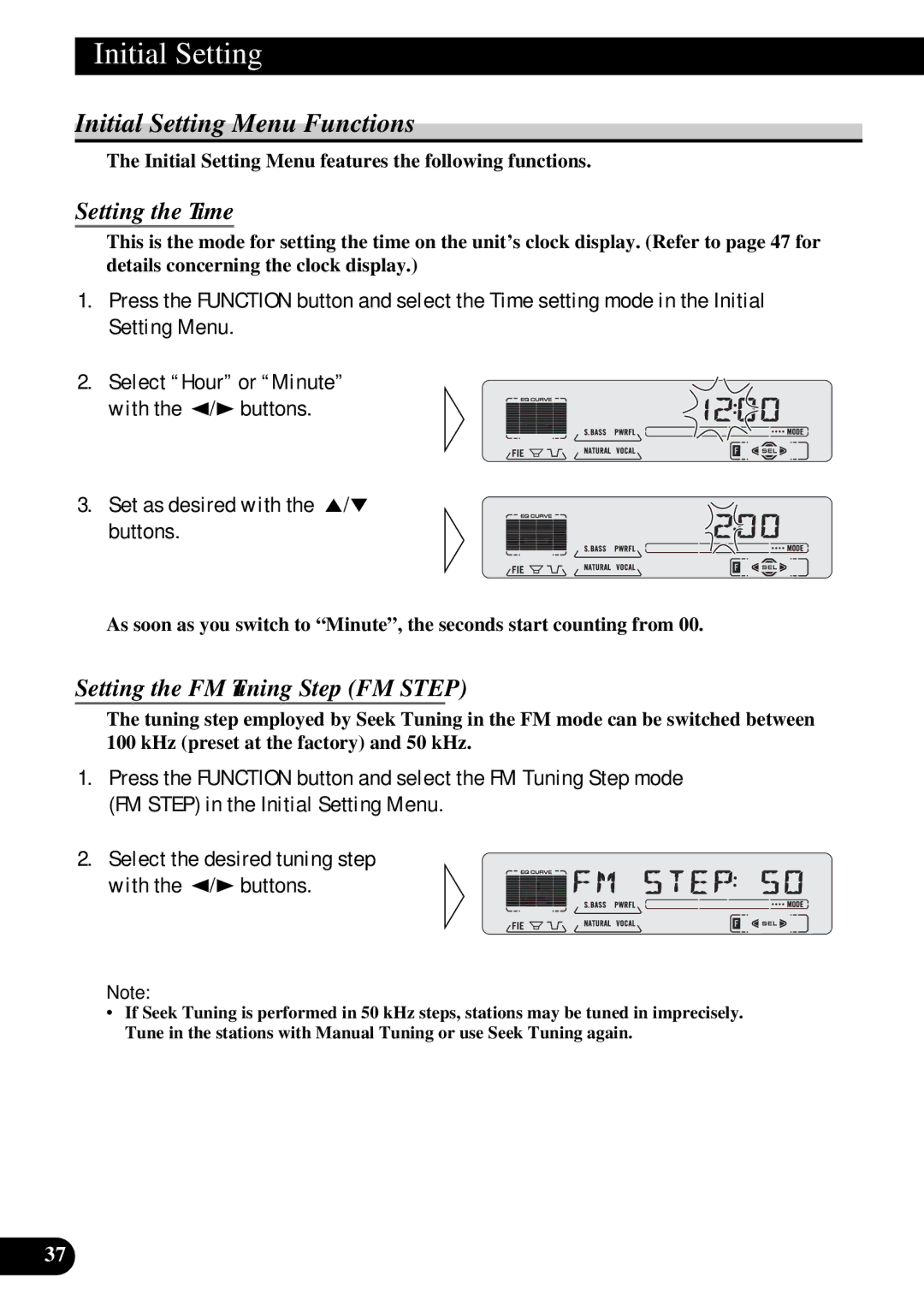 Pioneer DEH-P5250 operation manual Initial Setting Menu Functions, Setting the Time, Setting the FM Tuning Step FM Step 