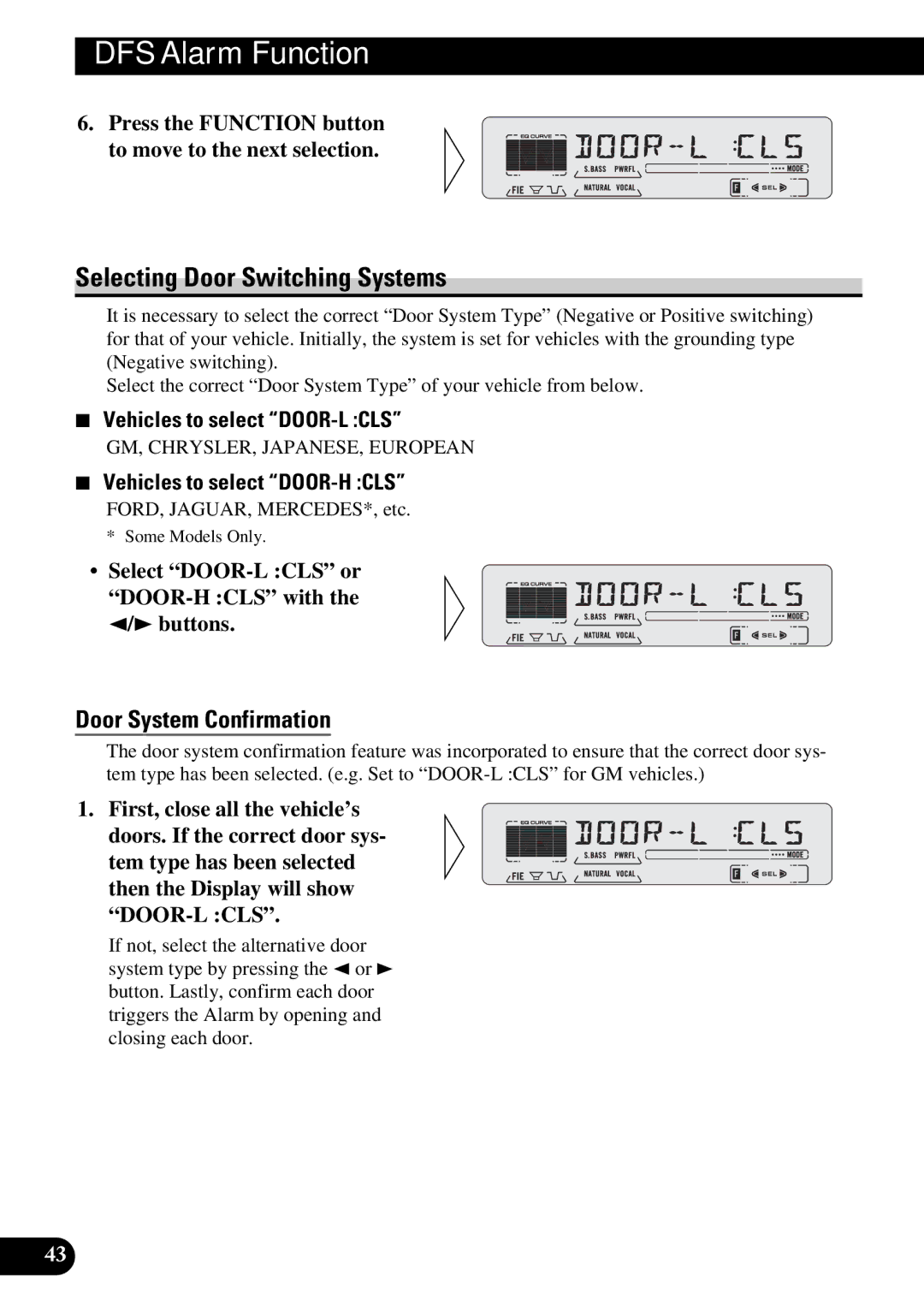 Pioneer DEH-P5250 Selecting Door Switching Systems, Door System Confirmation, Vehicles to select DOOR-L CLS 