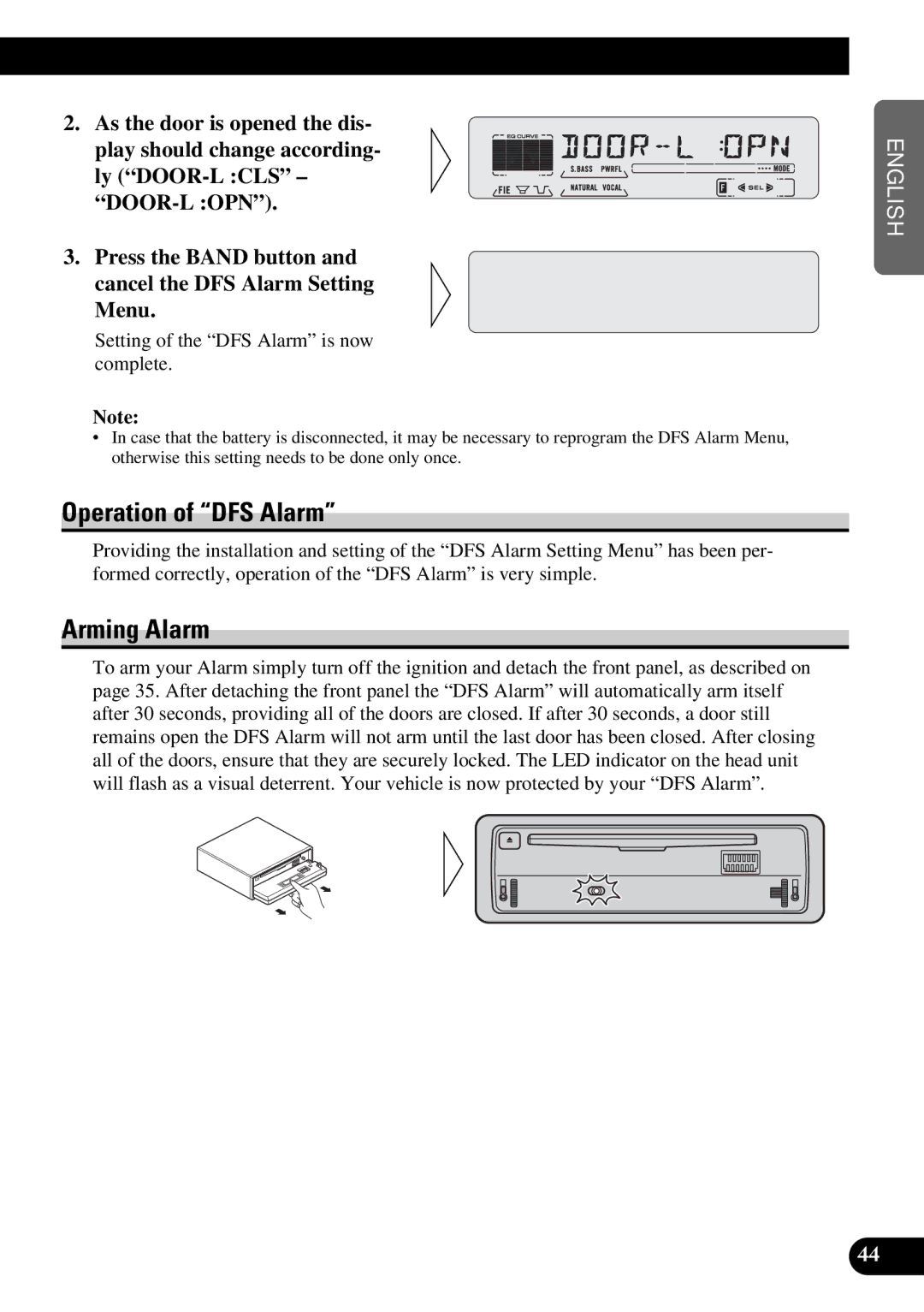 Pioneer DEH-P5250 operation manual Operation of DFS Alarm, Arming Alarm 