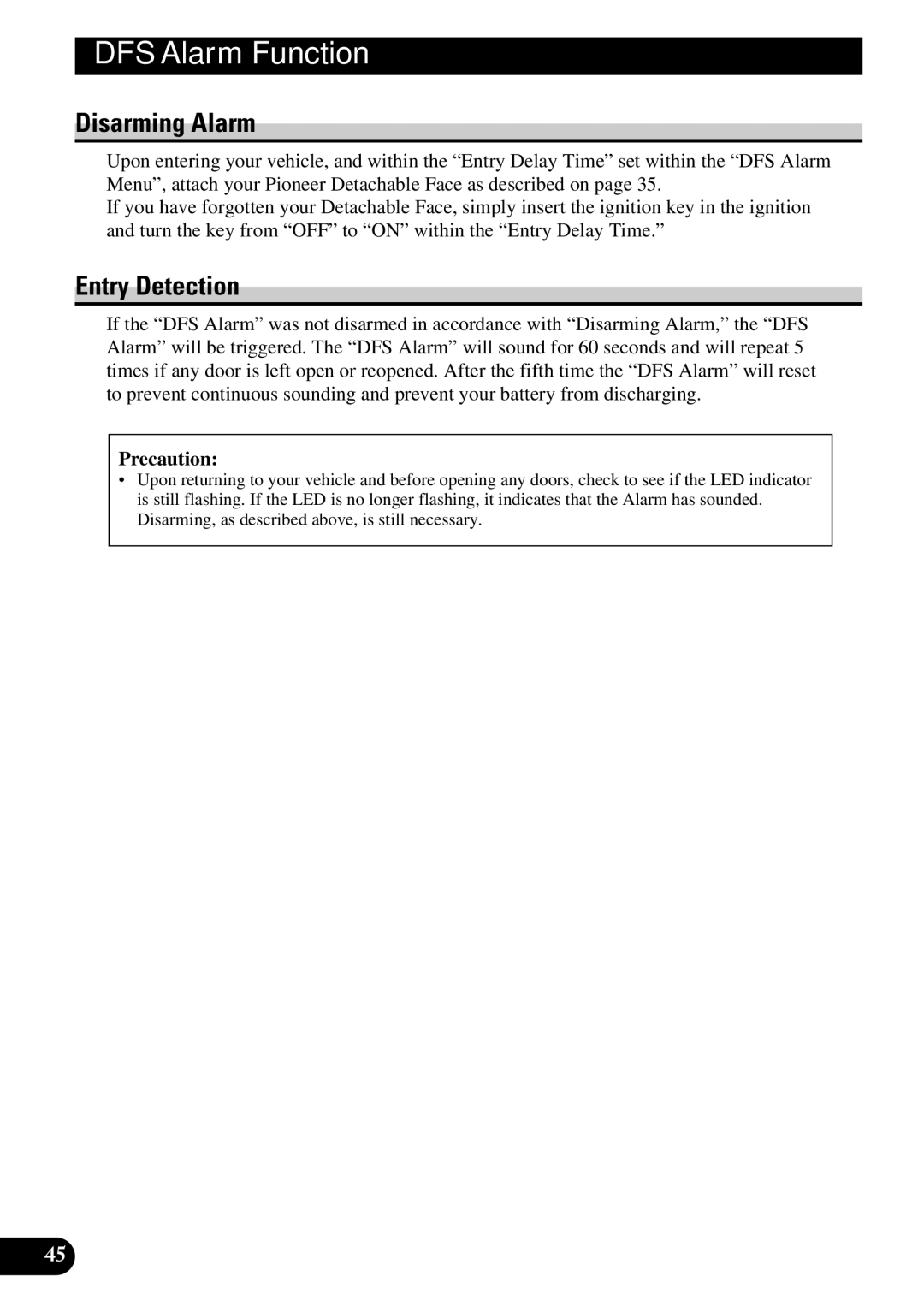 Pioneer DEH-P5250 operation manual Disarming Alarm, Entry Detection 