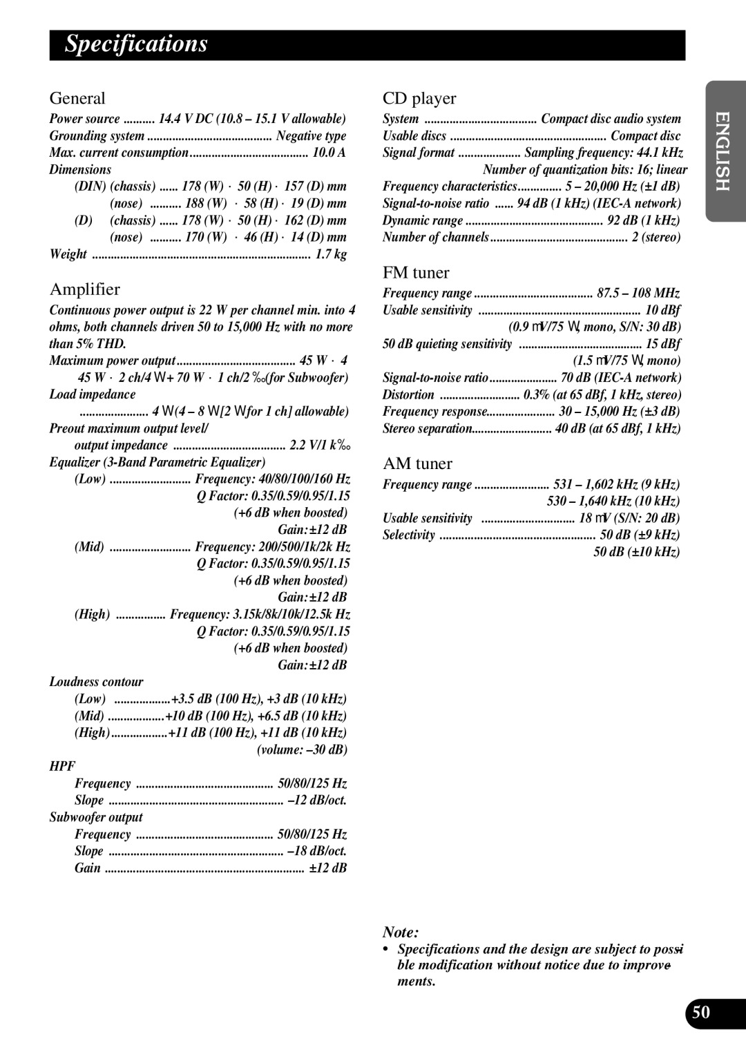 Pioneer DEH-P5250 operation manual Specifications, General CD player, Amplifier, FM tuner, AM tuner 