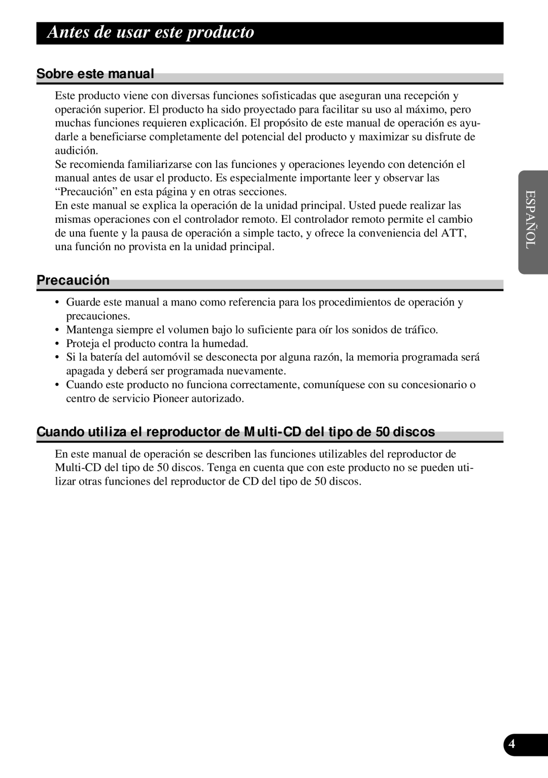 Pioneer DEH-P5250 operation manual Antes de usar este producto, Sobre este manual, Precaución 