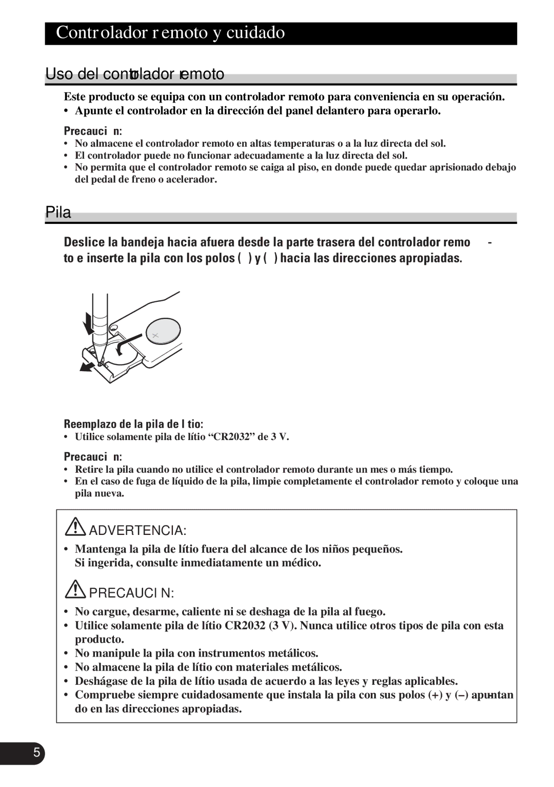 Pioneer DEH-P5250 operation manual Controlador remoto y cuidado, Uso del controlador remoto, Pila, Precaución 