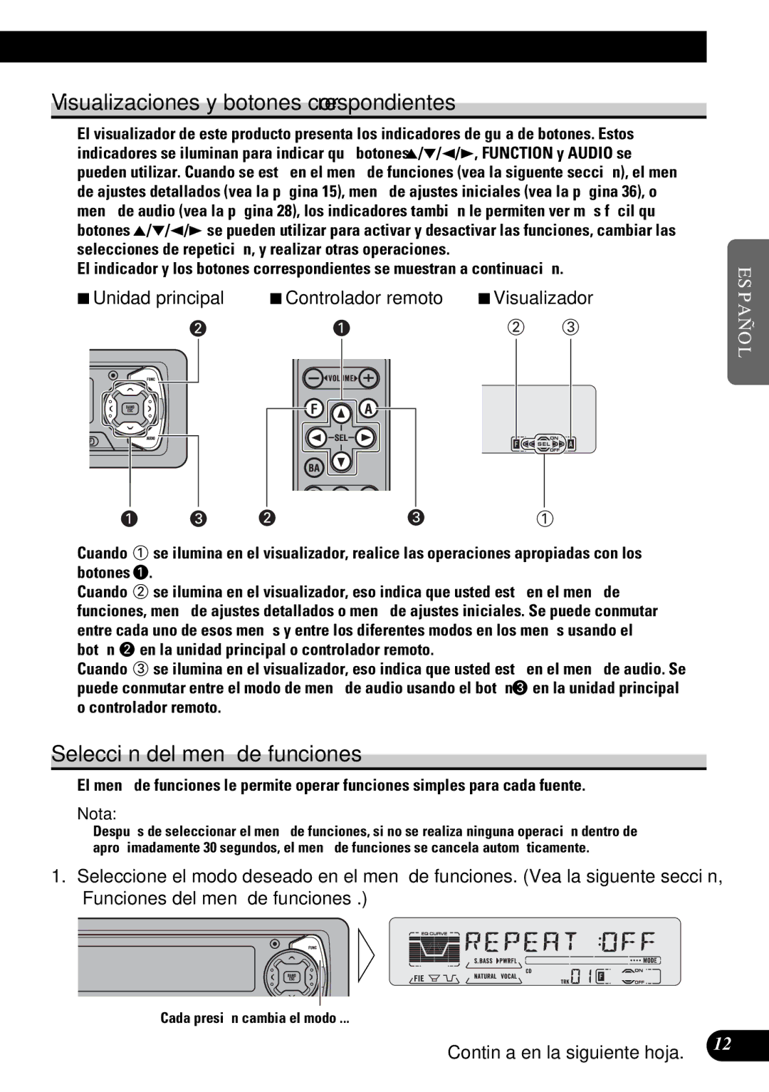 Pioneer DEH-P5250 operation manual Visualizaciones y botones correspondientes, Selección del menú de funciones 