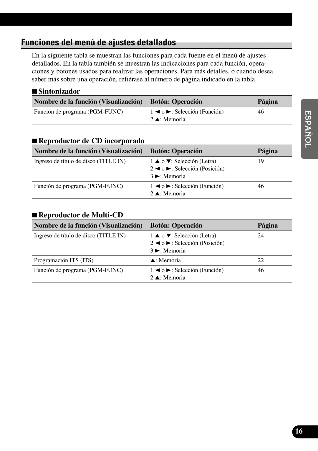 Pioneer DEH-P5250 operation manual Funciones del menú de ajustes detallados, 7Reproductor de CD incorporado 