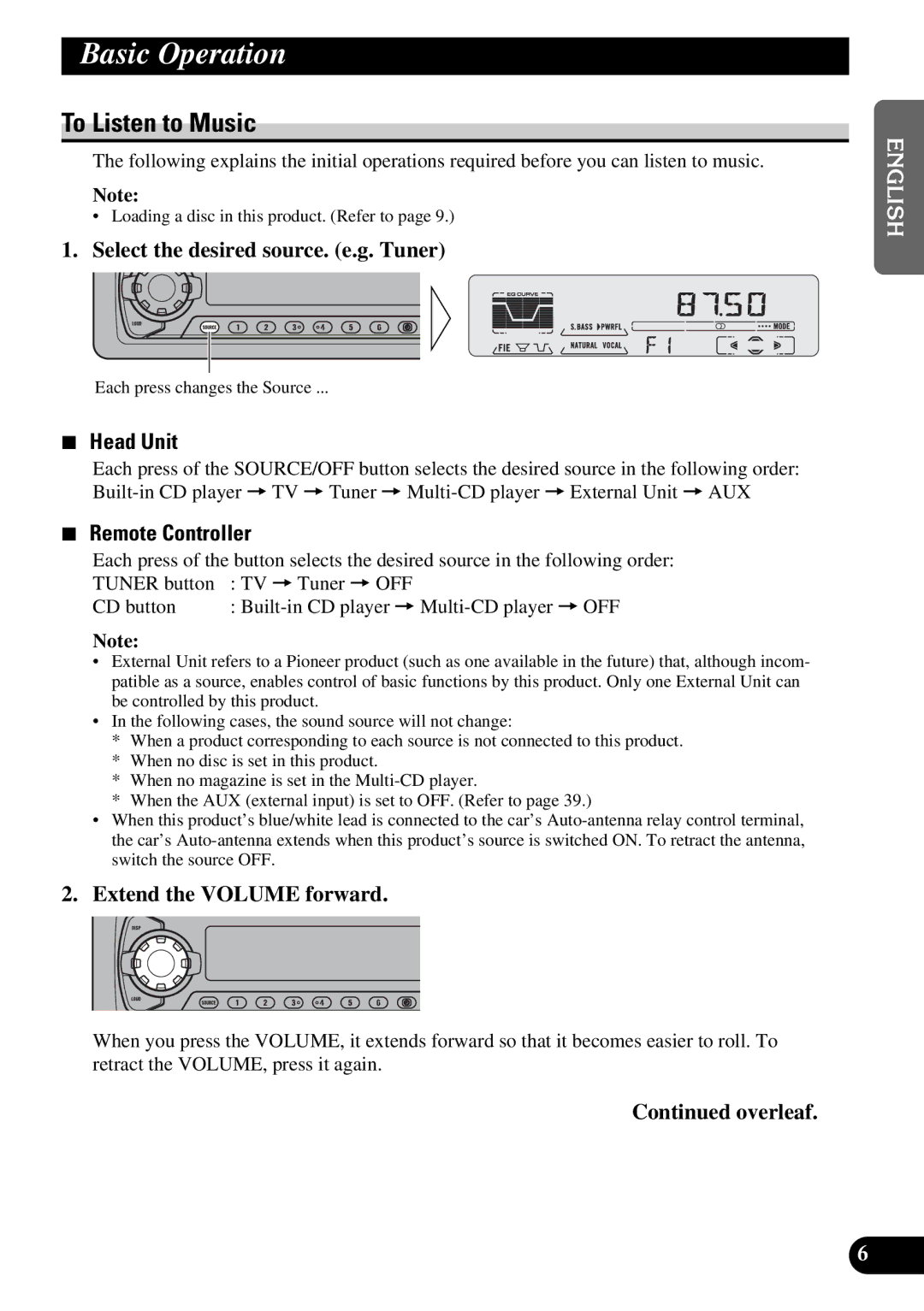 Pioneer DEH-P5250 operation manual Basic Operation, To Listen to Music, Head Unit, Remote Controller 