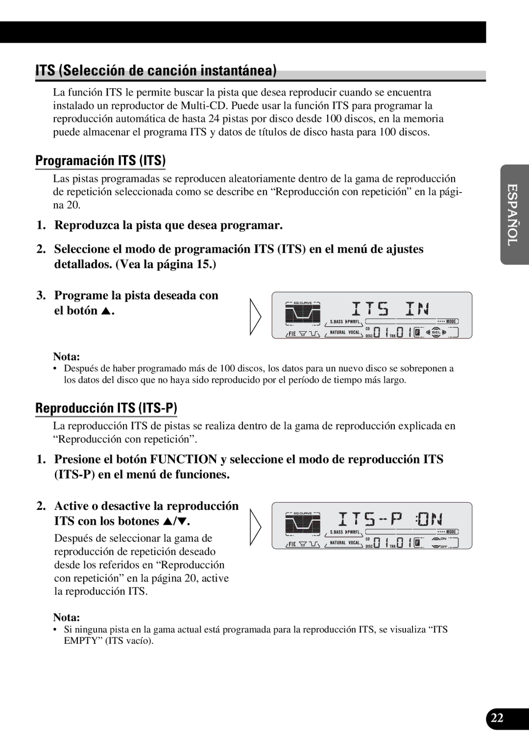 Pioneer DEH-P5250 operation manual ITS Selección de canción instantánea, Programación ITS ITS, Reproducción ITS ITS-P 