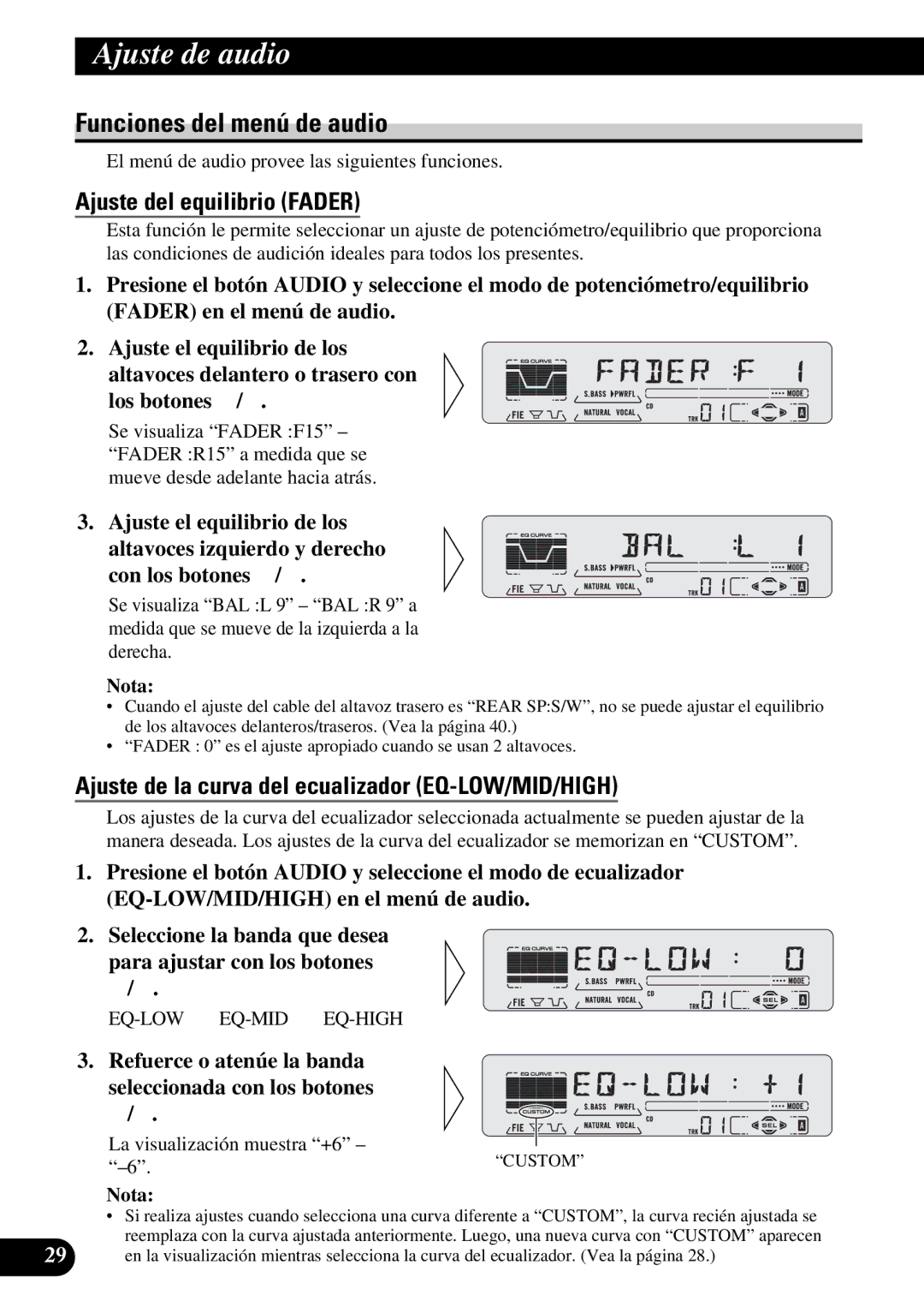 Pioneer DEH-P5250 operation manual Funciones del menú de audio, Ajuste del equilibrio Fader 