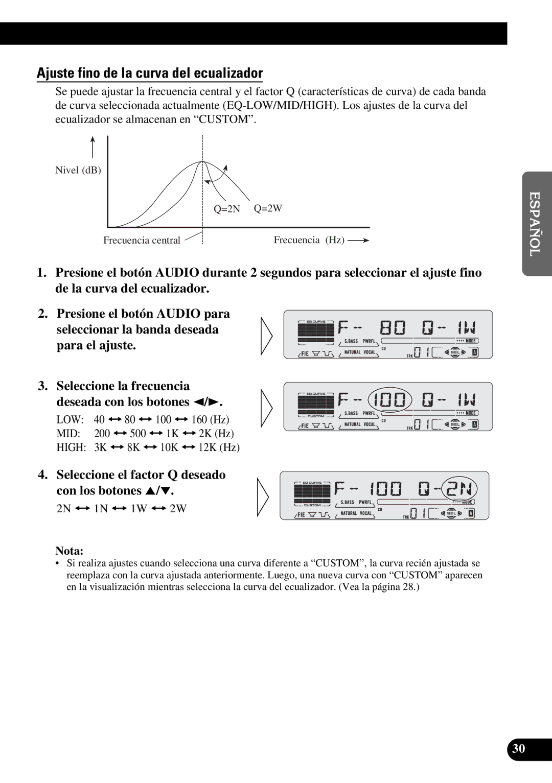 Pioneer DEH-P5250 operation manual Ajuste fino de la curva del ecualizador, Seleccione el factor Q deseado con los botones 