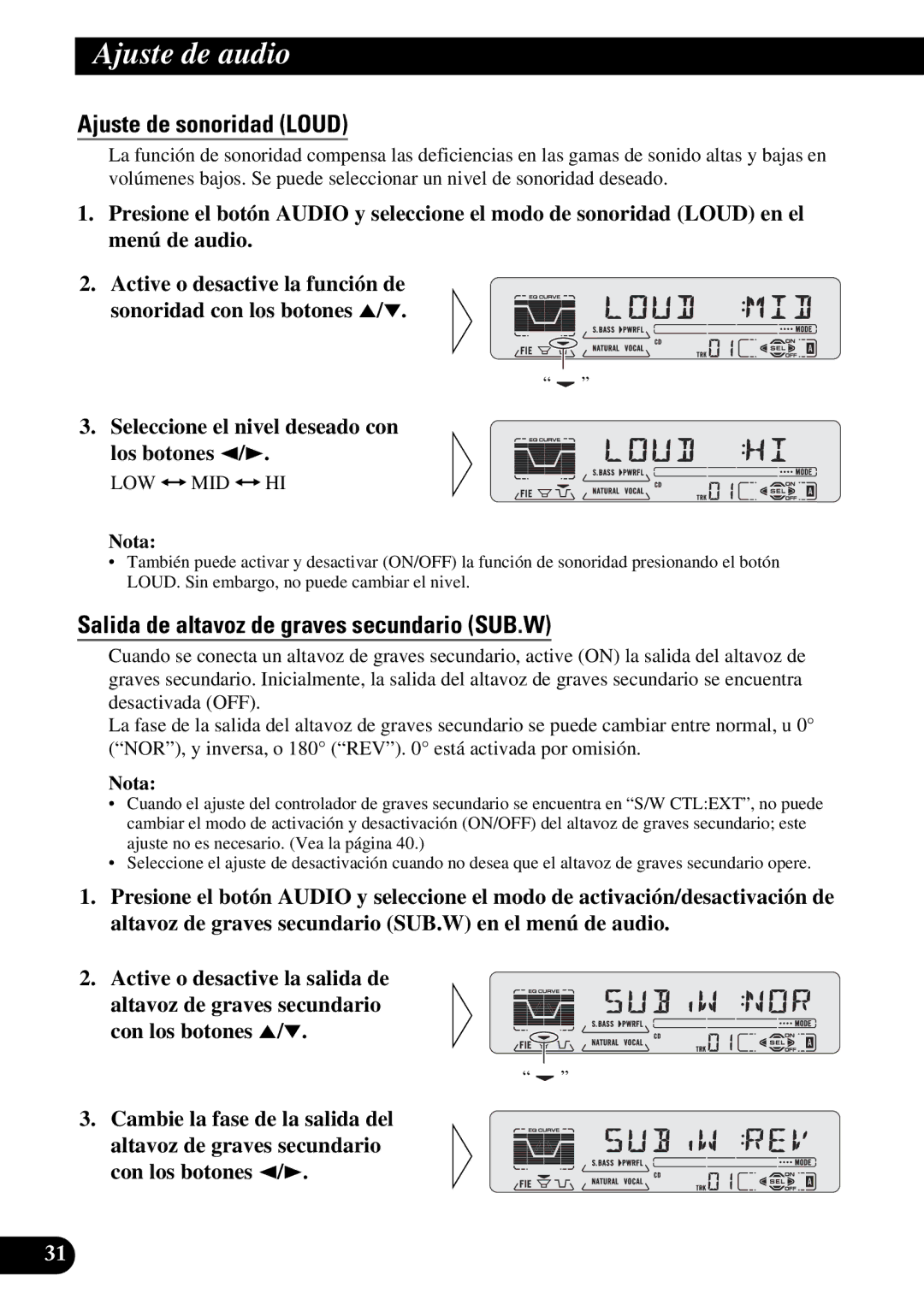 Pioneer DEH-P5250 operation manual Ajuste de sonoridad Loud, Salida de altavoz de graves secundario SUB.W 